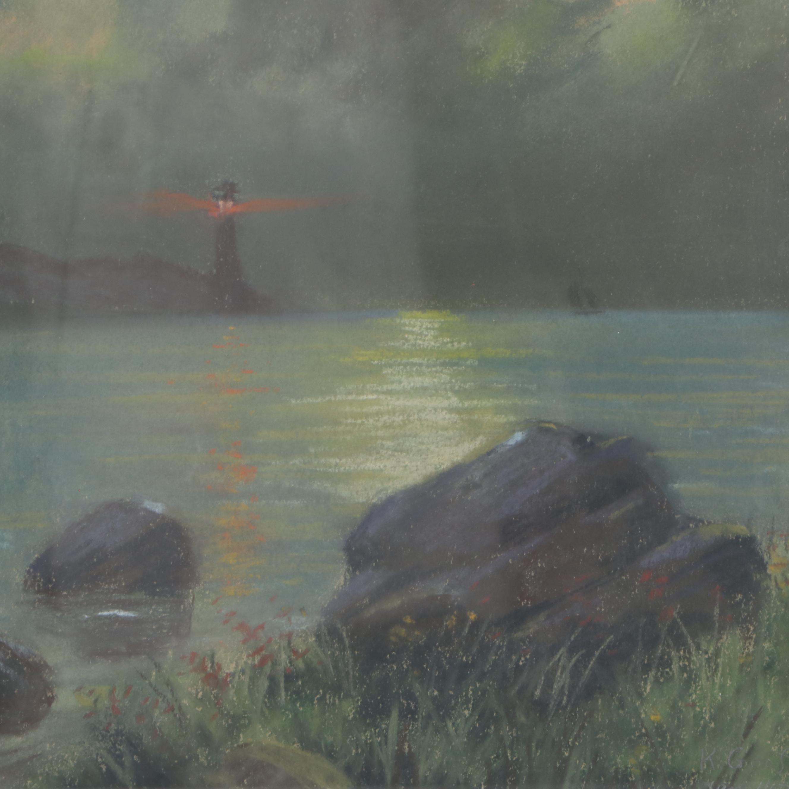 K. Groff Landscape Pastel Drawing of Lighthouse, 1919
