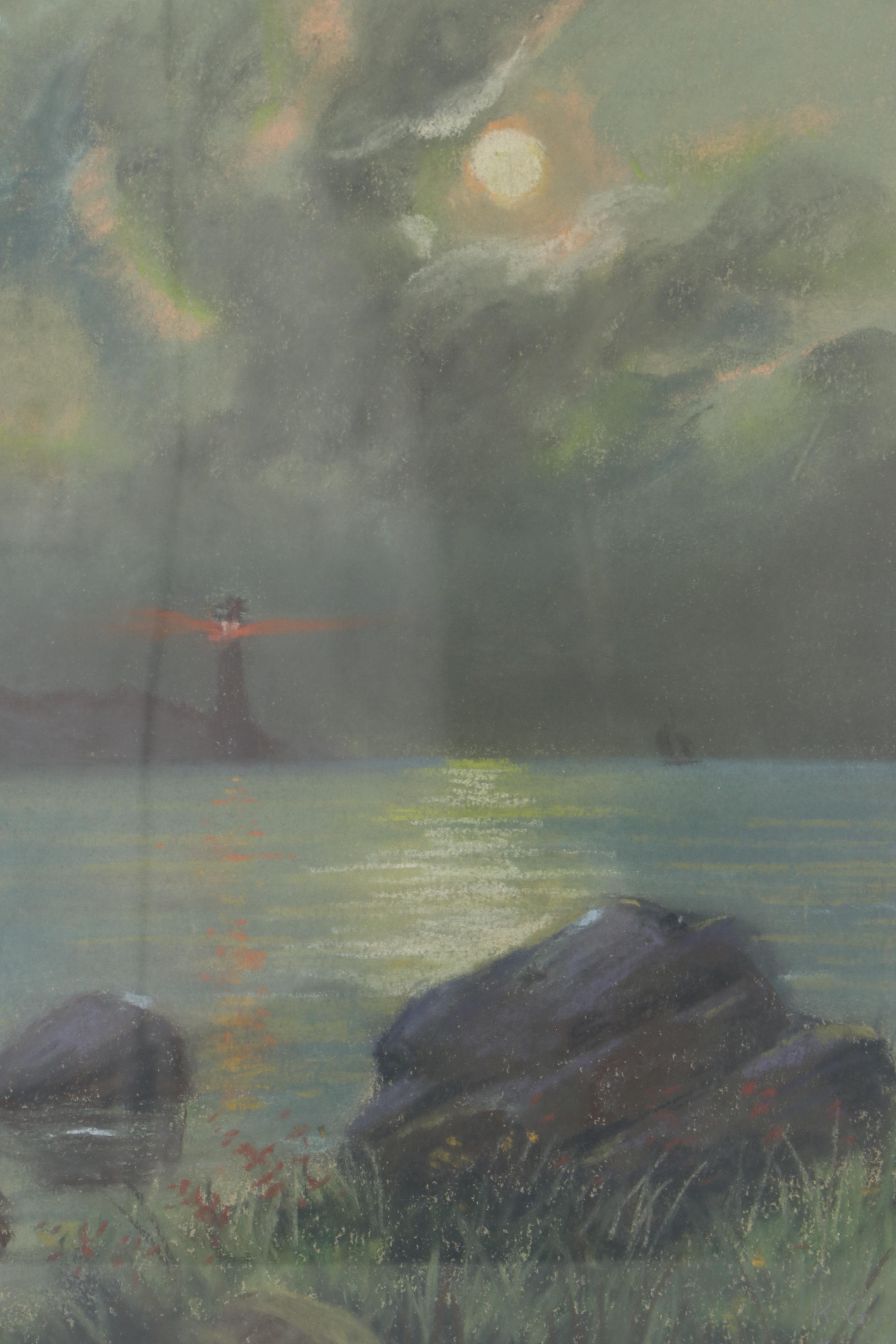 K. Groff Landscape Pastel Drawing of Lighthouse, 1919
