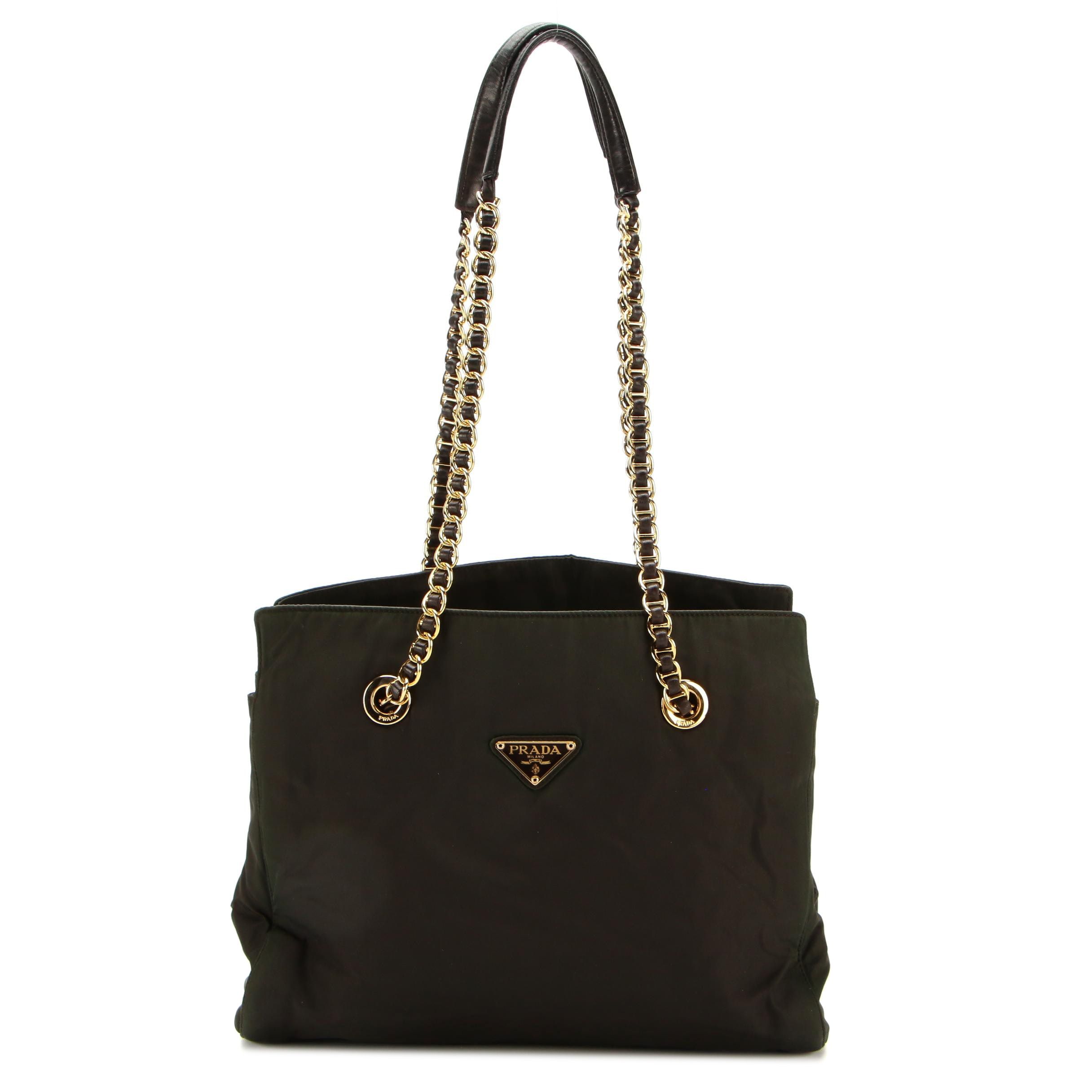 Prada Shoulder Bag in Black Tessuto Nylon with Leather Trim and Interwoven Strap