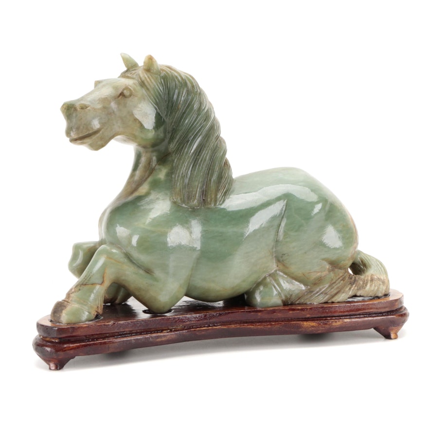 Chinese Carved Serpentine Horse Figurine on Wooden Base