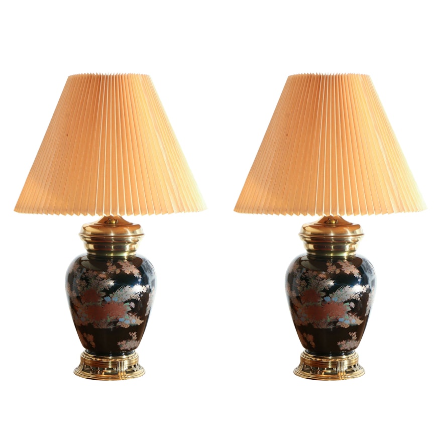 Chinese Hand-Painted Enameled Metal and Brass Ginger Jar Table Lamps