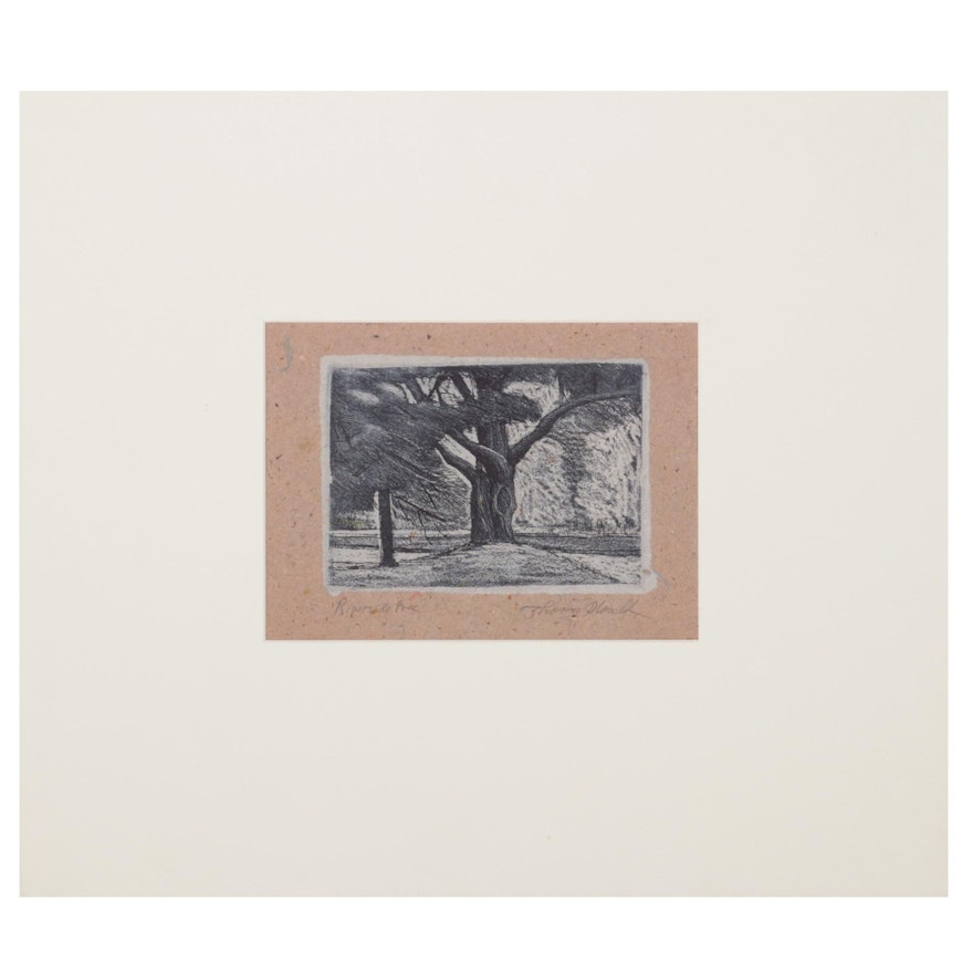 Thomas Norulak Chine Collé Etching "Riverside Tree," 2004