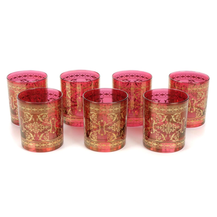 Cranberry Glass Gilt Accented Old Fashioned Glasses, Late 20th Century