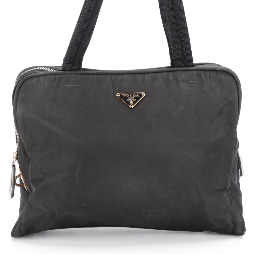 Prada Shoulder Bag in Black Tessuto Nylon with Web Straps and Leather Trim