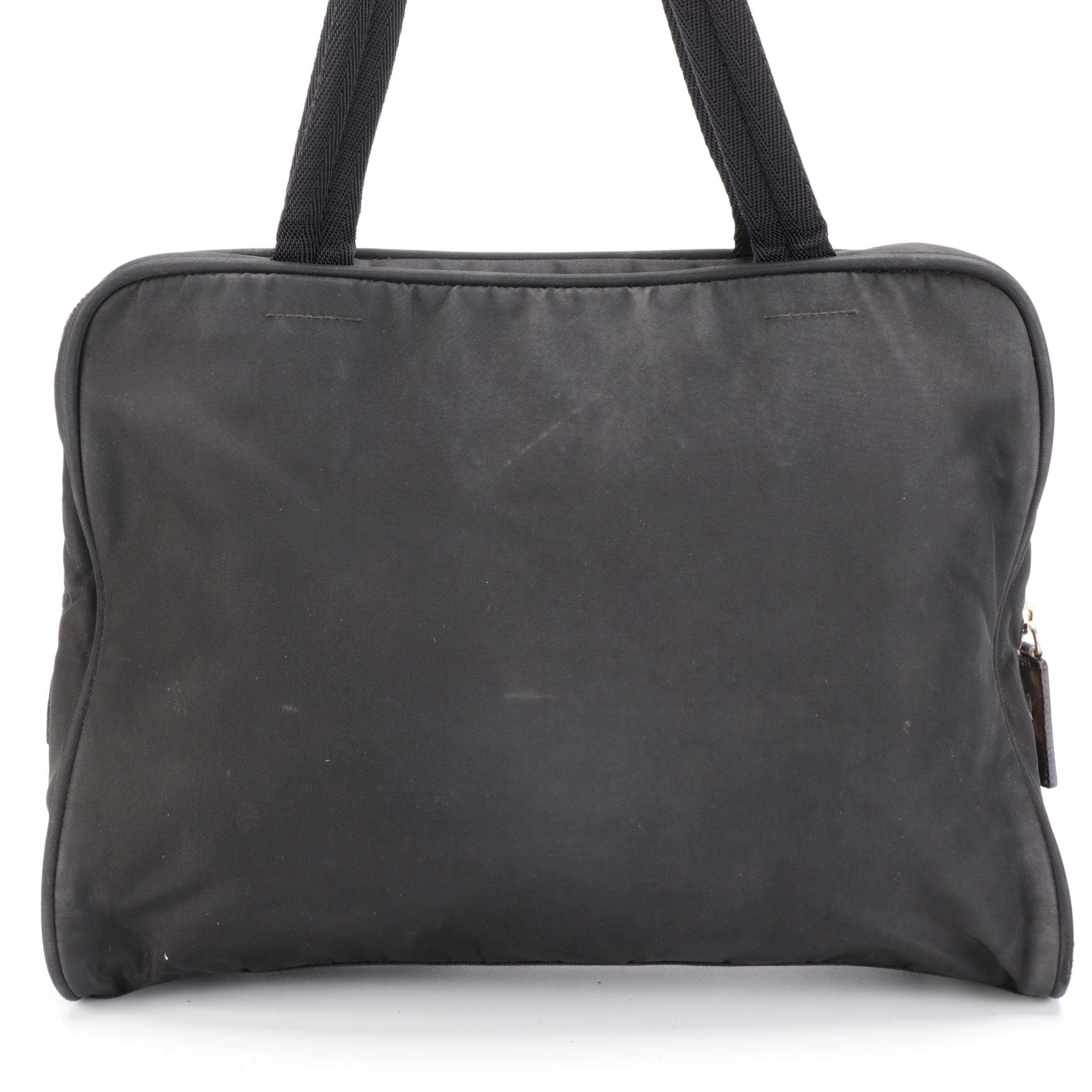 Prada Shoulder Bag in Black Tessuto Nylon with Web Straps and Leather Trim