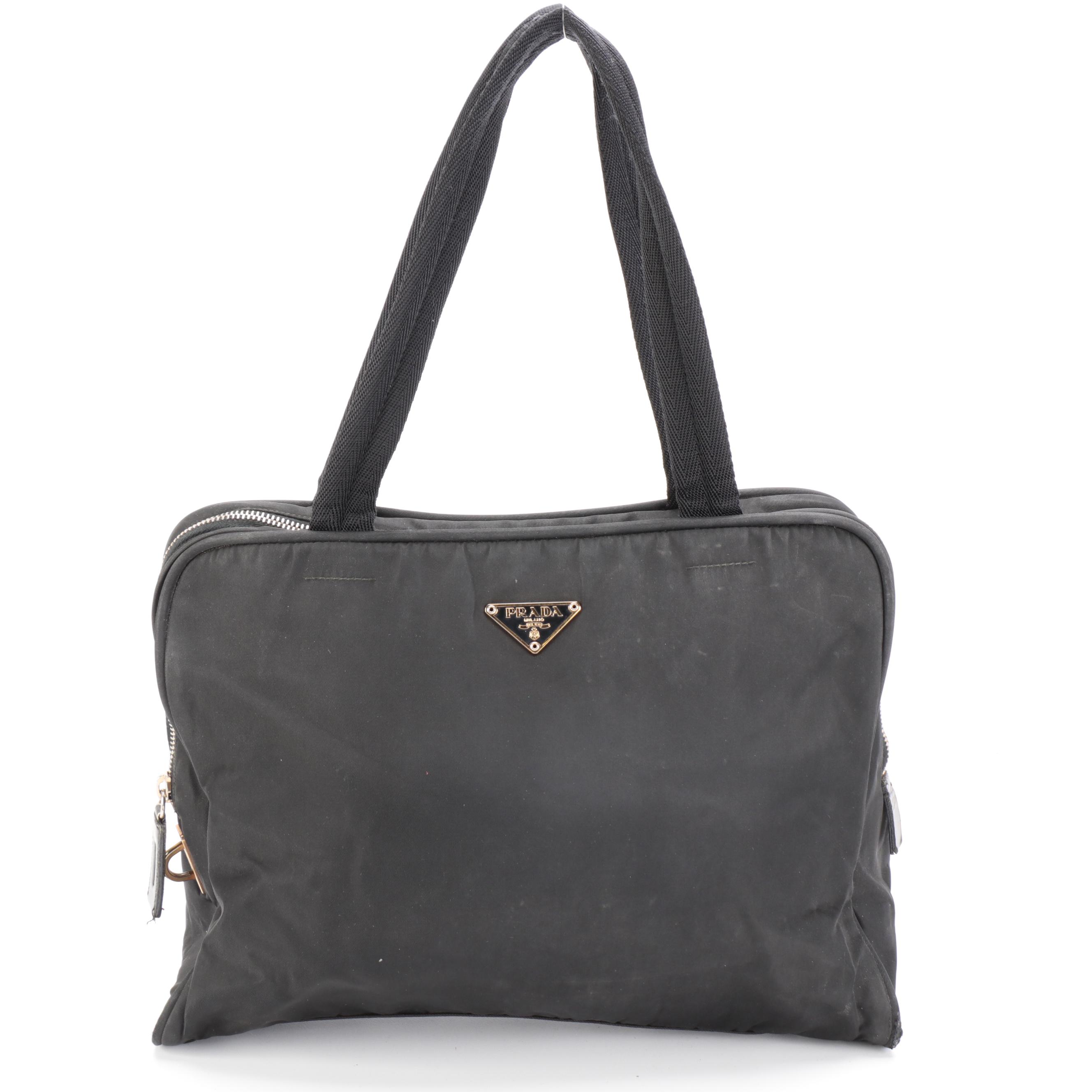 Prada Shoulder Bag in Black Tessuto Nylon with Web Straps and Leather Trim