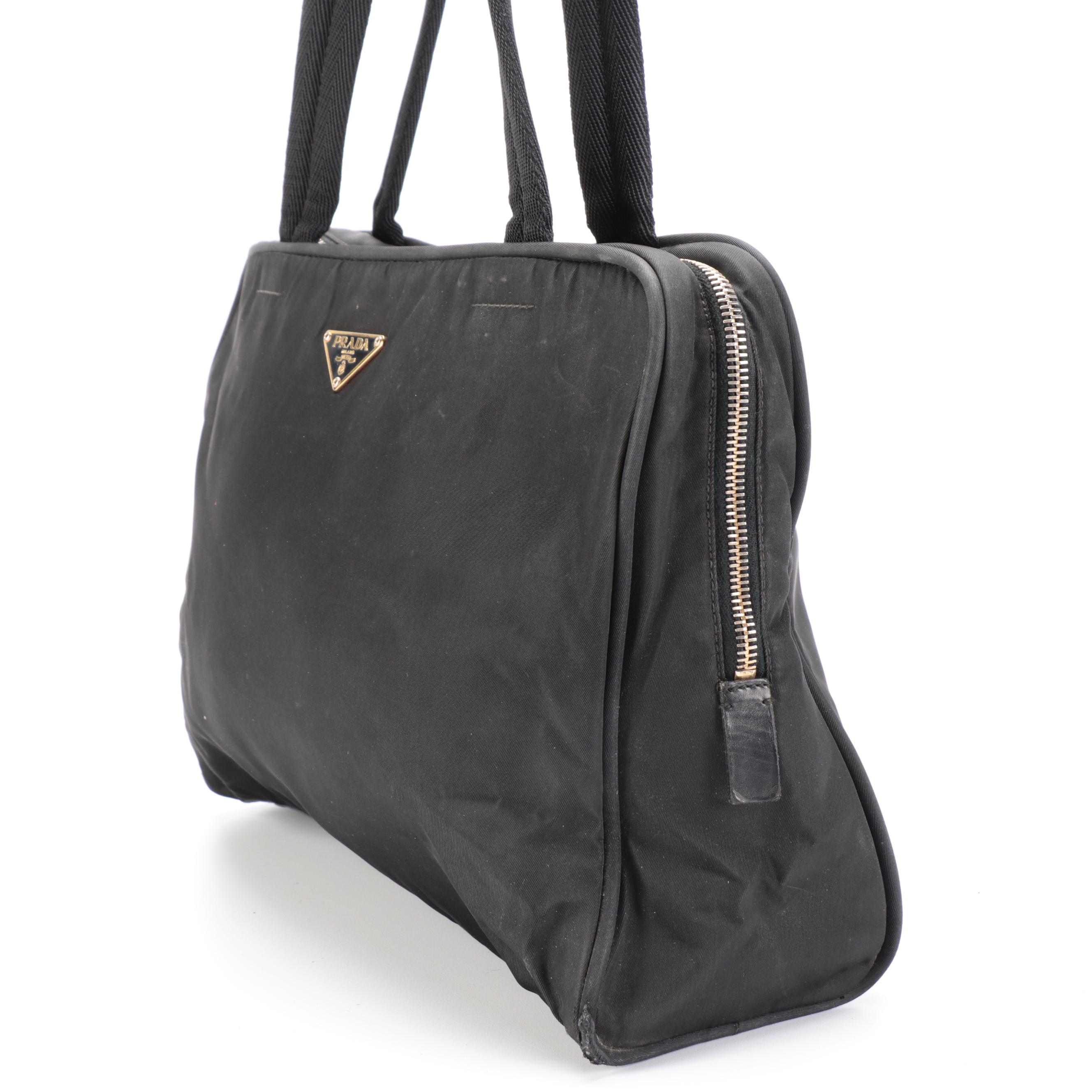 Prada Shoulder Bag in Black Tessuto Nylon with Web Straps and Leather Trim