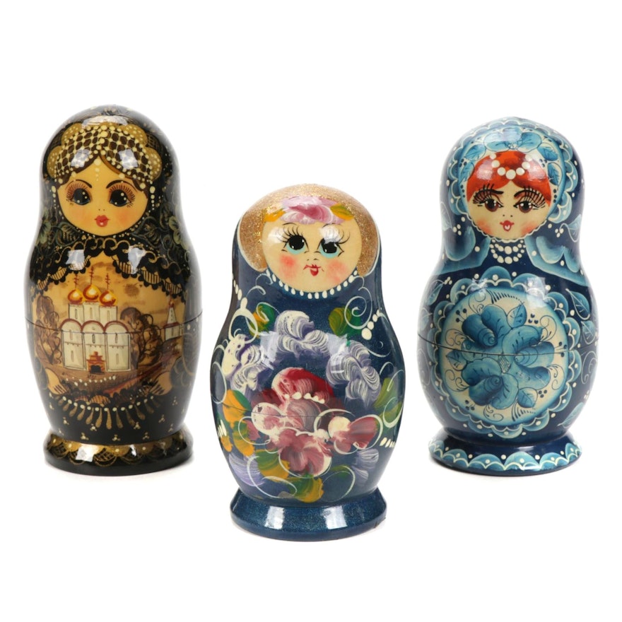 Three Sets of Hand-Painted Russian Nesting Dolls