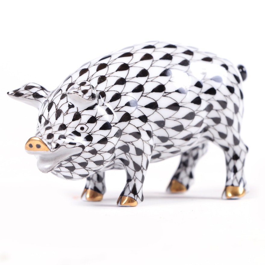 Herend Black Fishnet with Gold "Pig" Porcelain Figurine