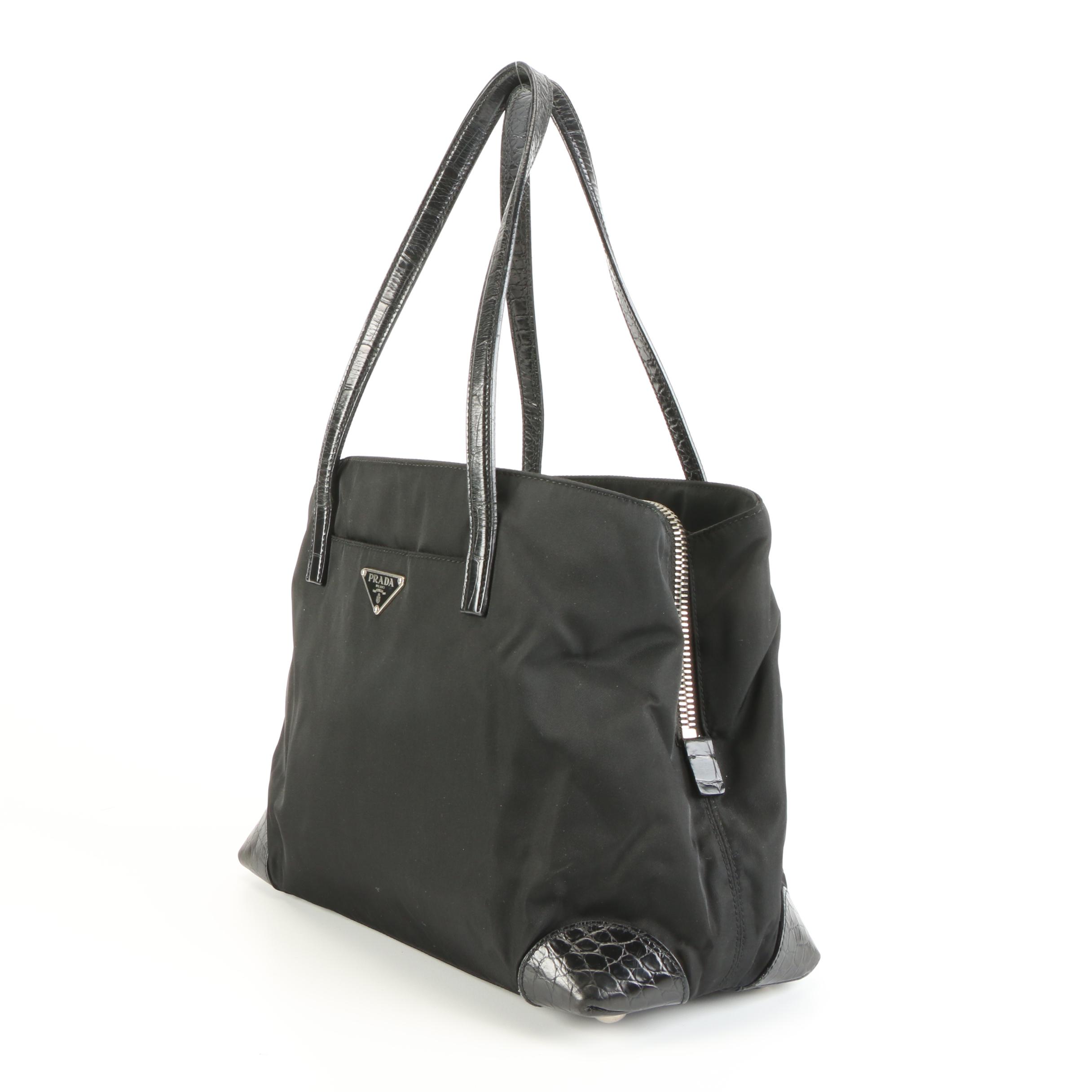 Prada Black Nylon and Embossed Leather Shoulder Bag