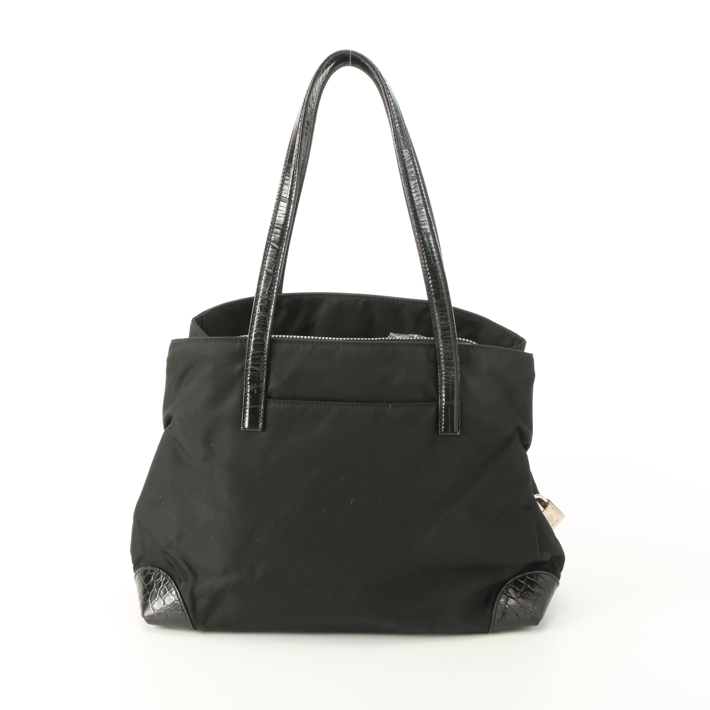 Prada Black Nylon and Embossed Leather Shoulder Bag