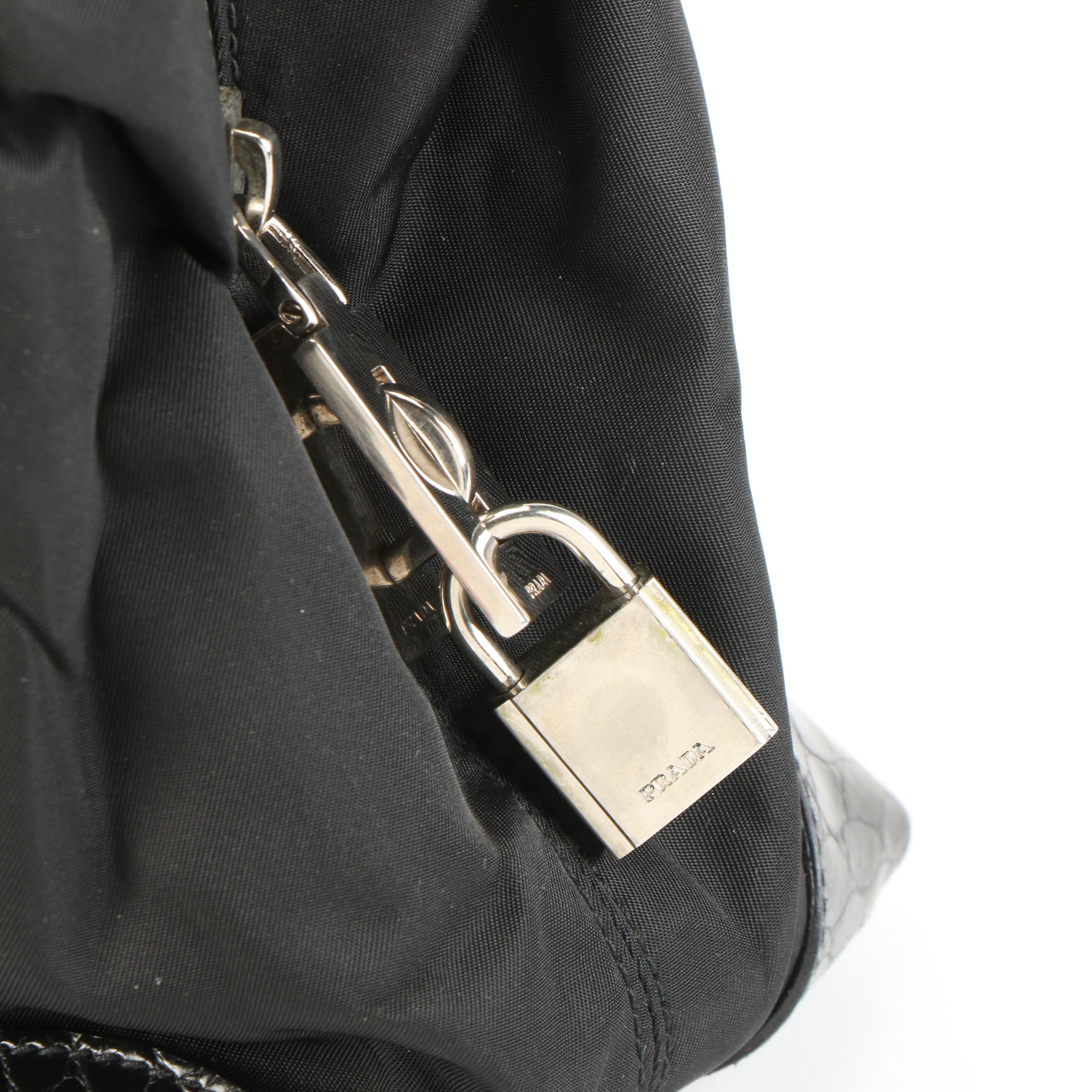 Prada Black Nylon and Embossed Leather Shoulder Bag