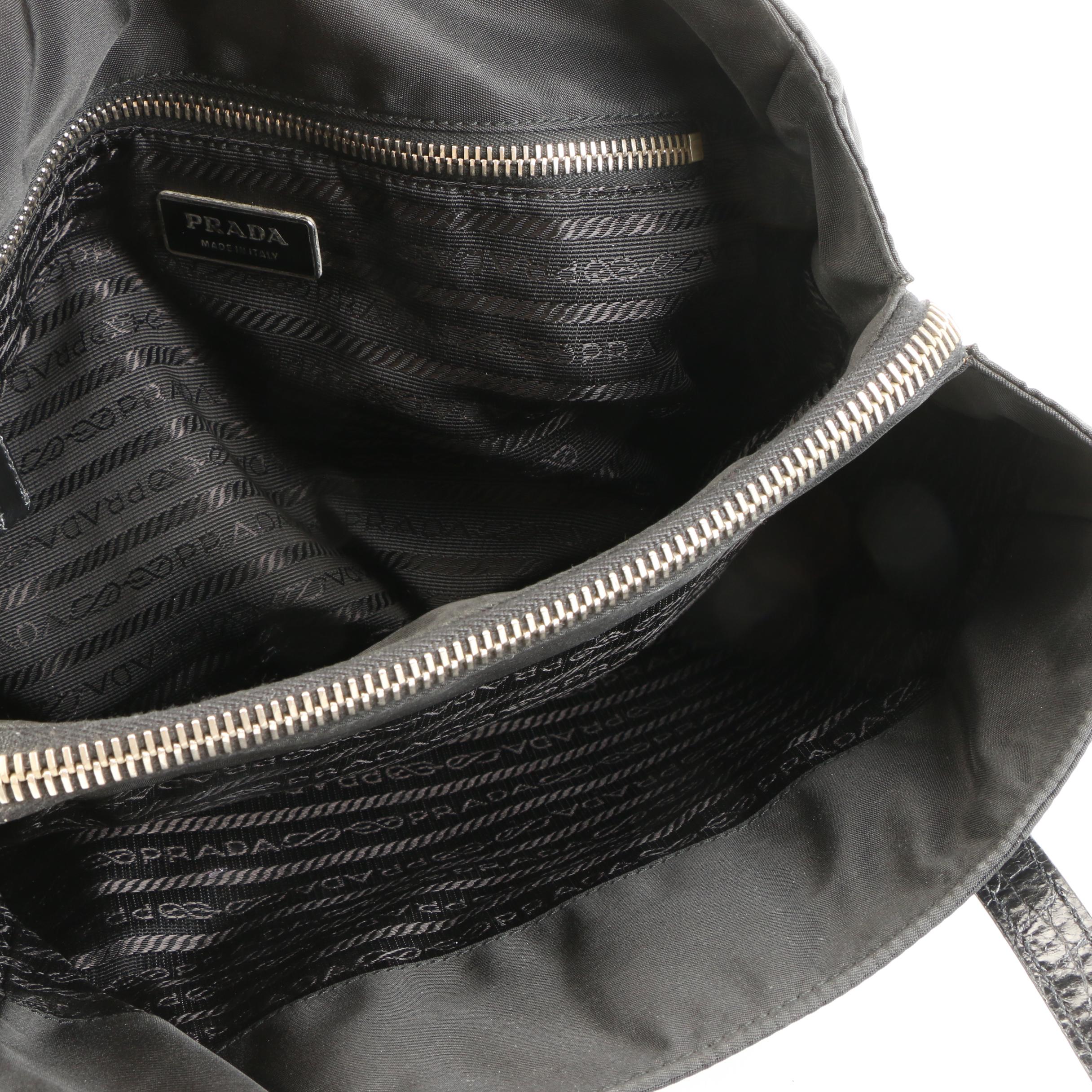 Prada Black Nylon and Embossed Leather Shoulder Bag