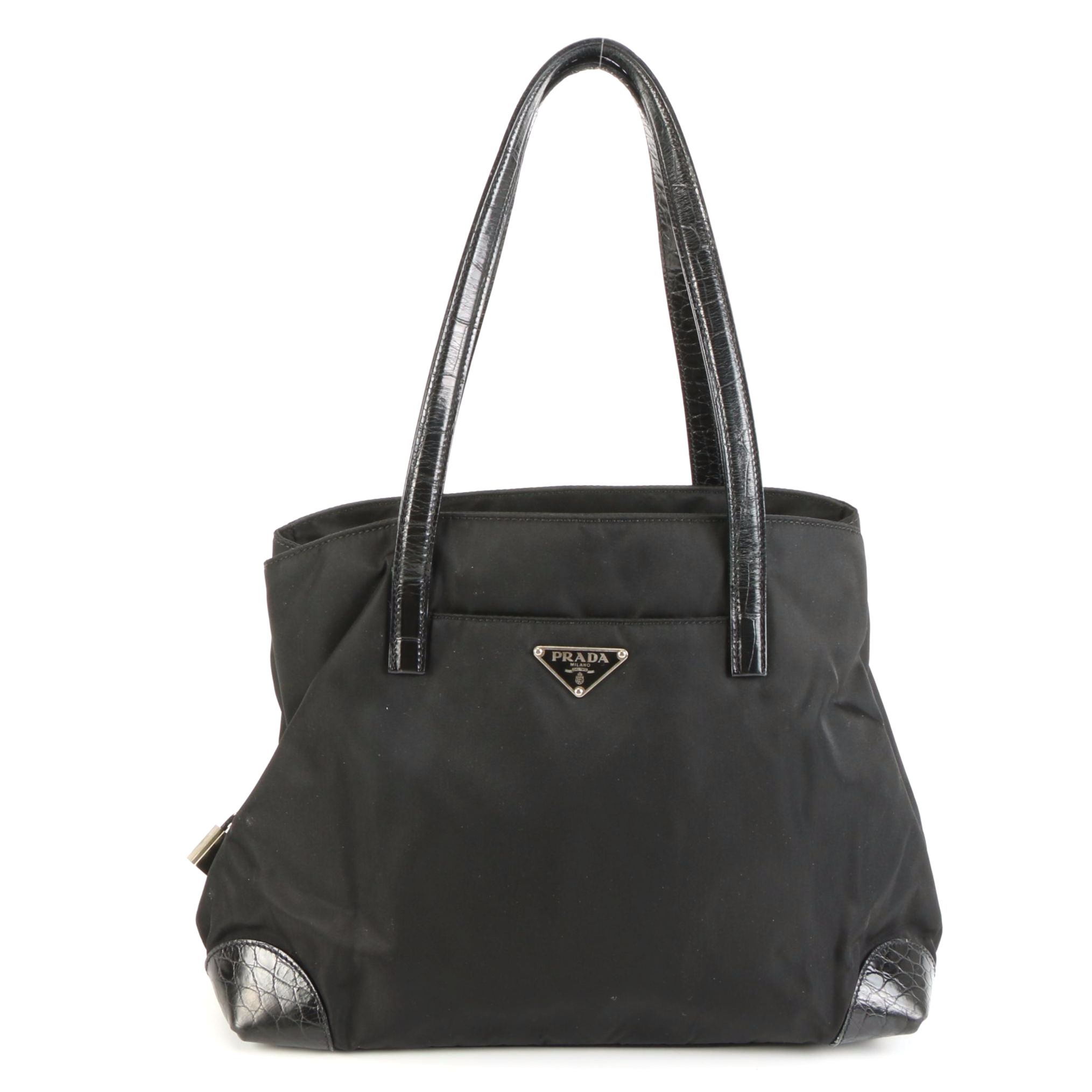 Prada Black Nylon and Embossed Leather Shoulder Bag