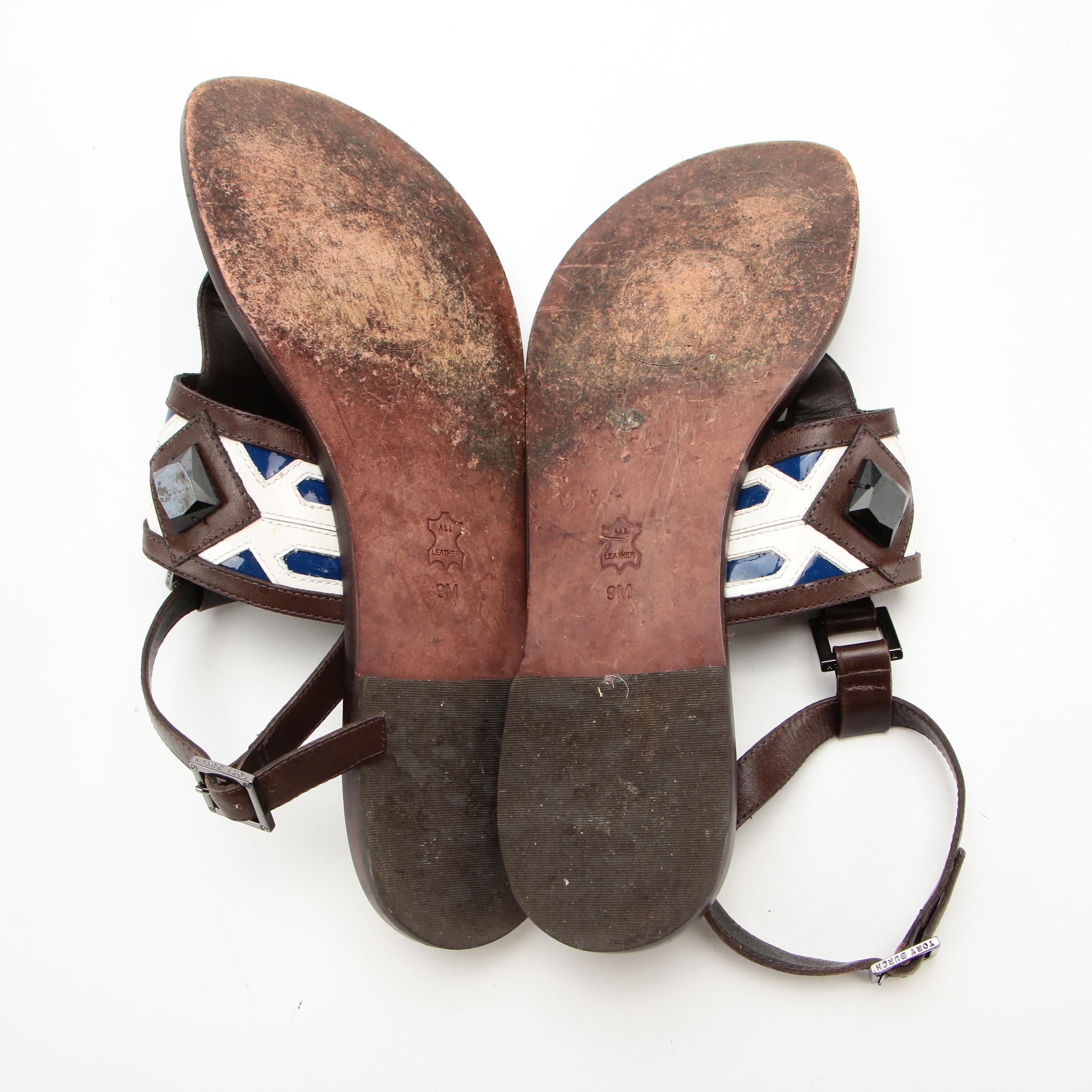 Prada and Tory Burch Leather T-Strap Sandals