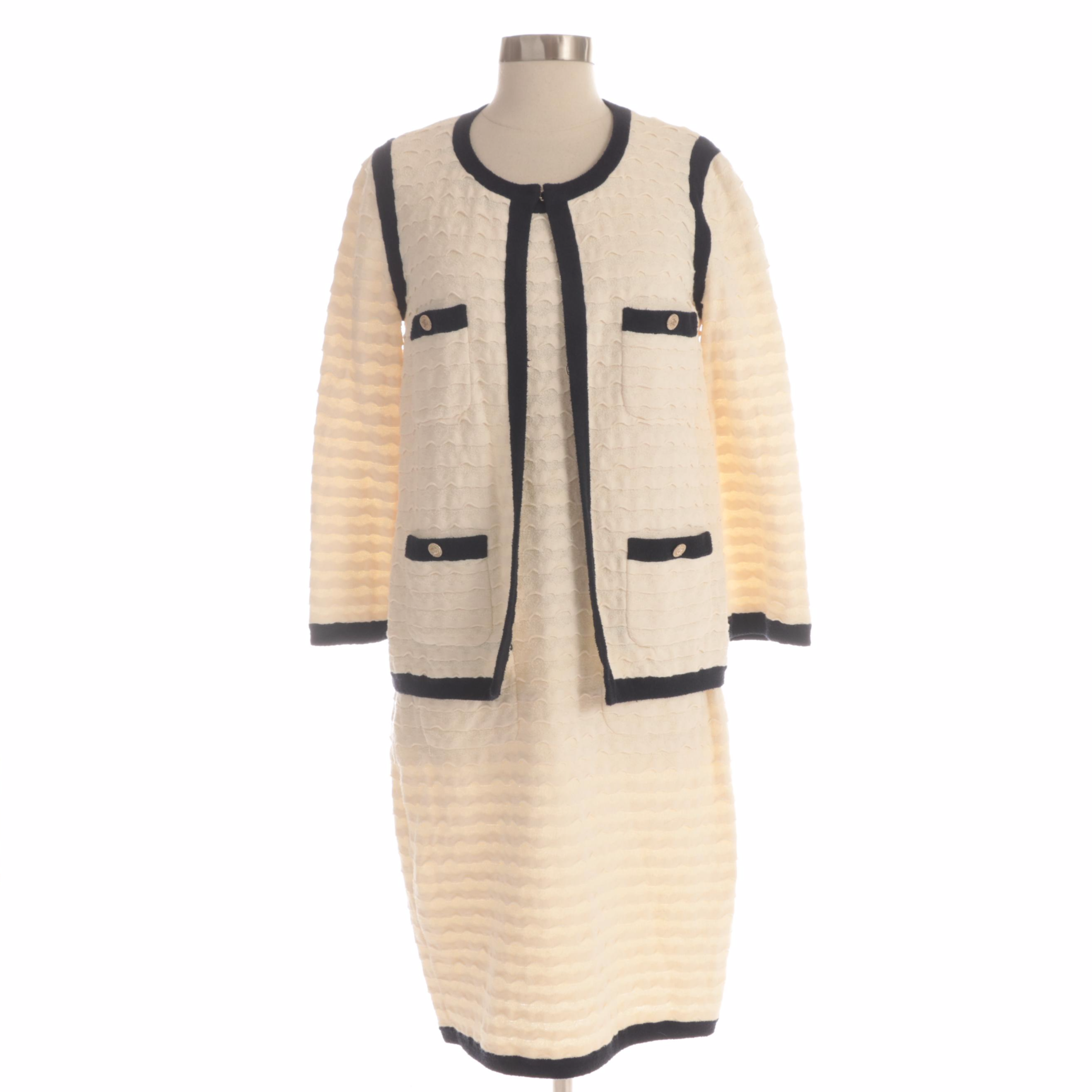 Chanel Textured and Bouclé Knit Dress Set in Off-White and Navy