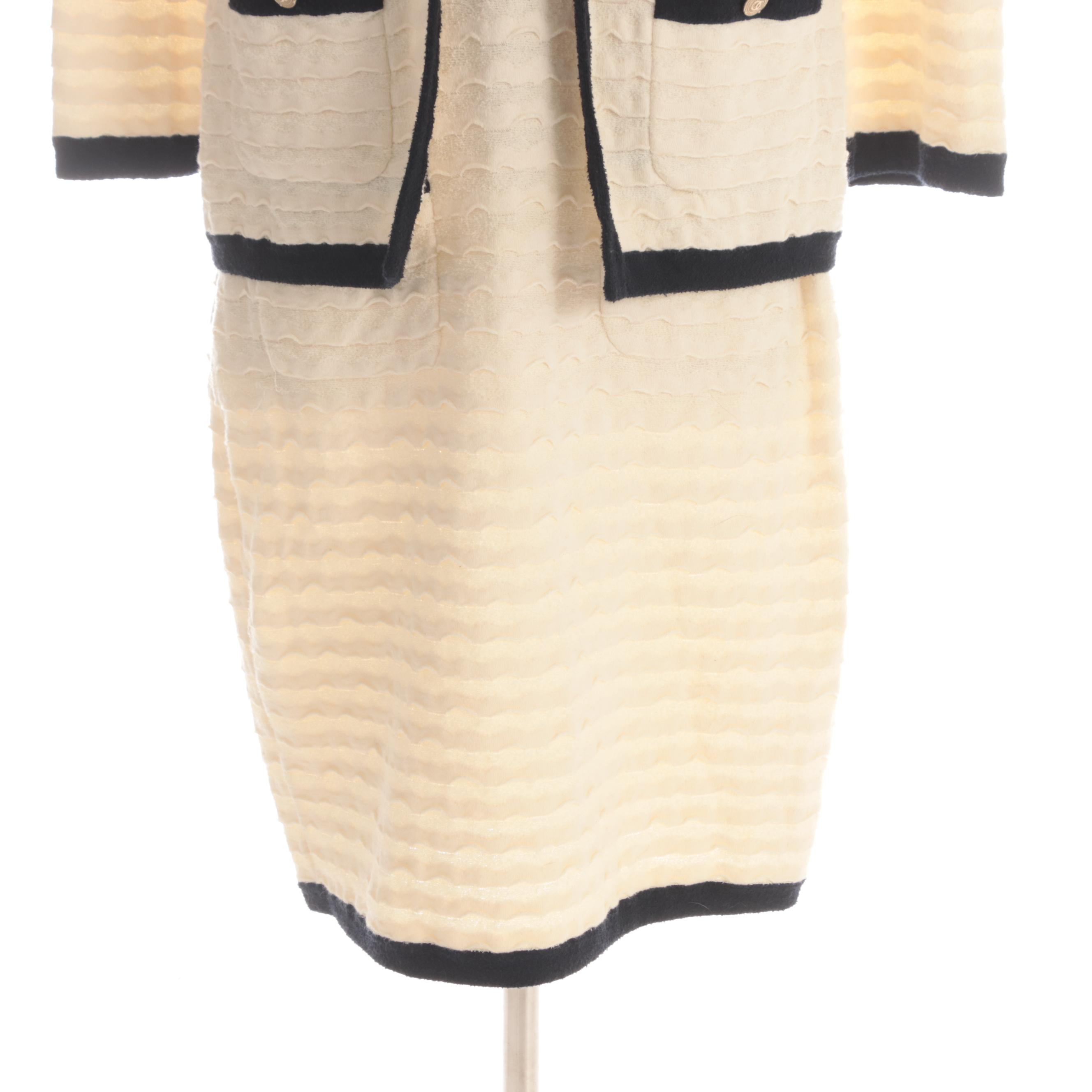 Chanel Textured and Bouclé Knit Dress Set in Off-White and Navy