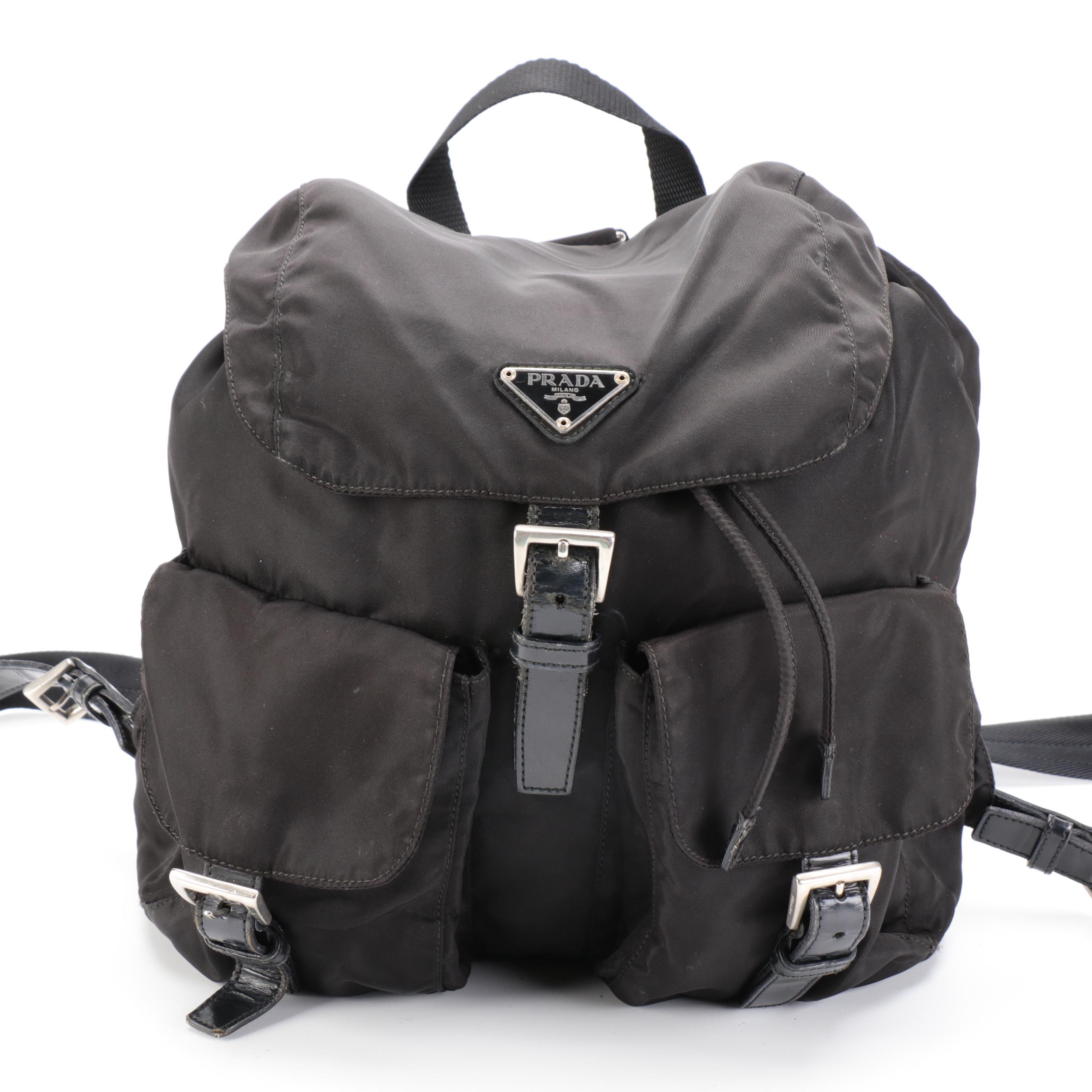 Prada Medium Black Tessuto Nylon Backpack with Leather Trim