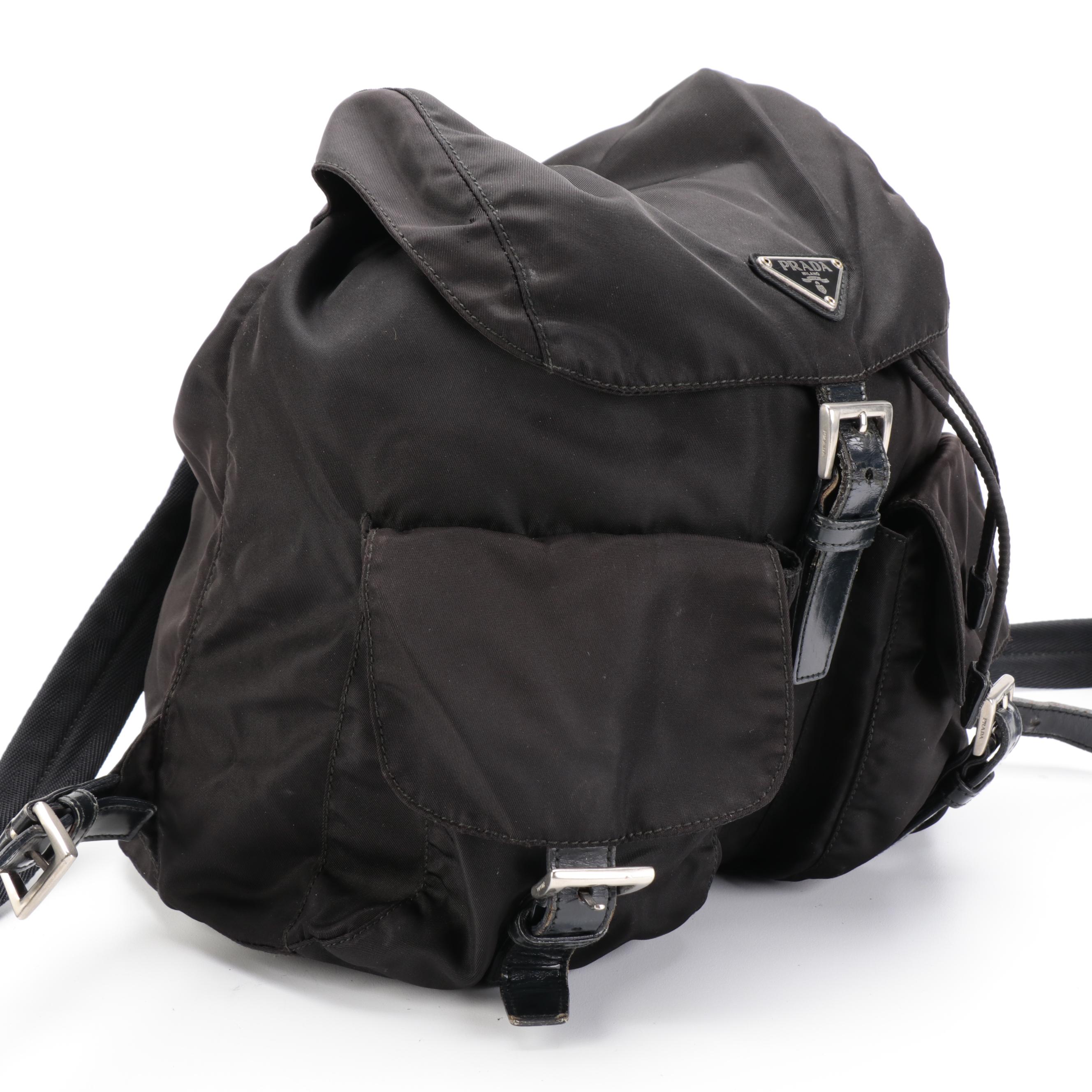 Prada Medium Black Tessuto Nylon Backpack with Leather Trim
