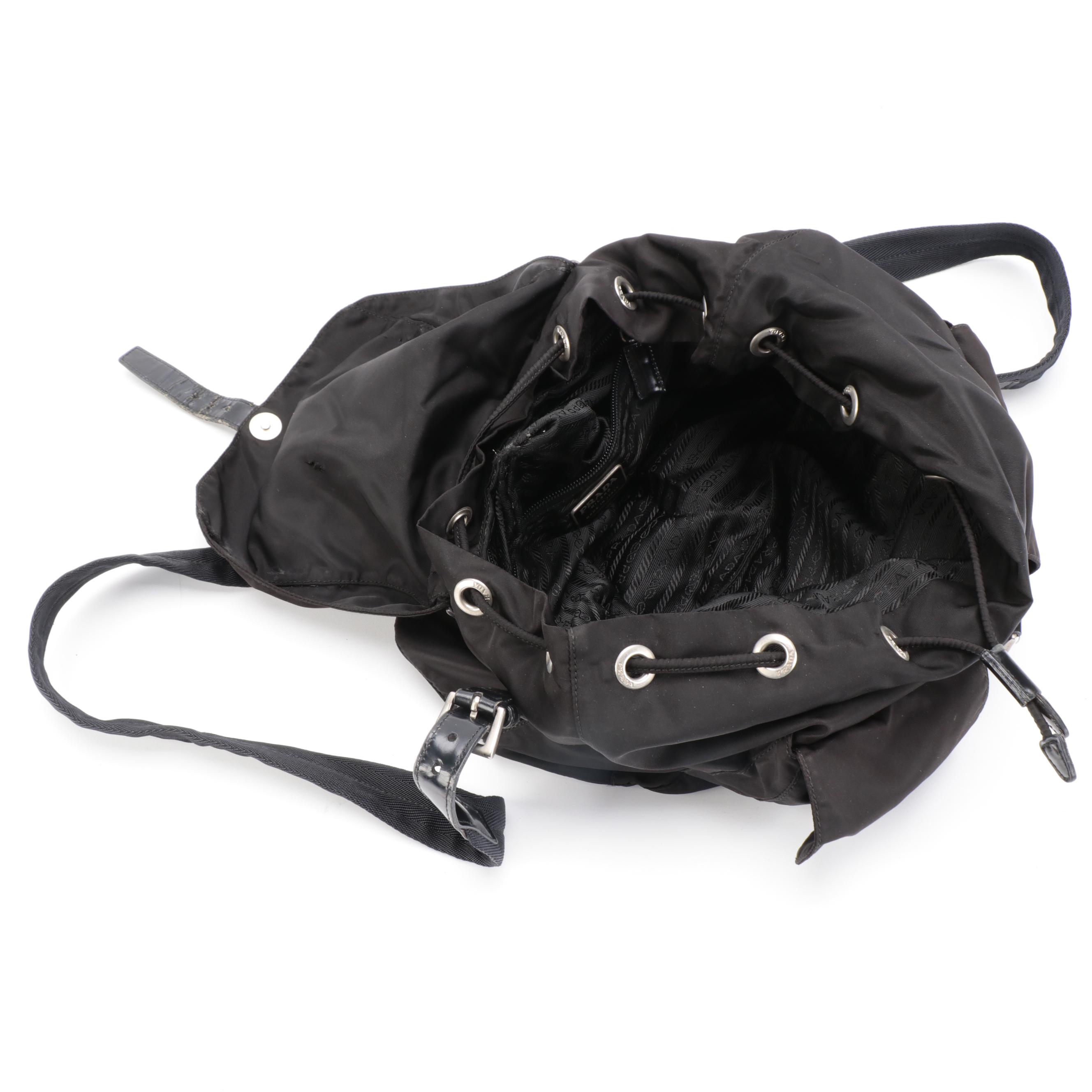 Prada Medium Black Tessuto Nylon Backpack with Leather Trim