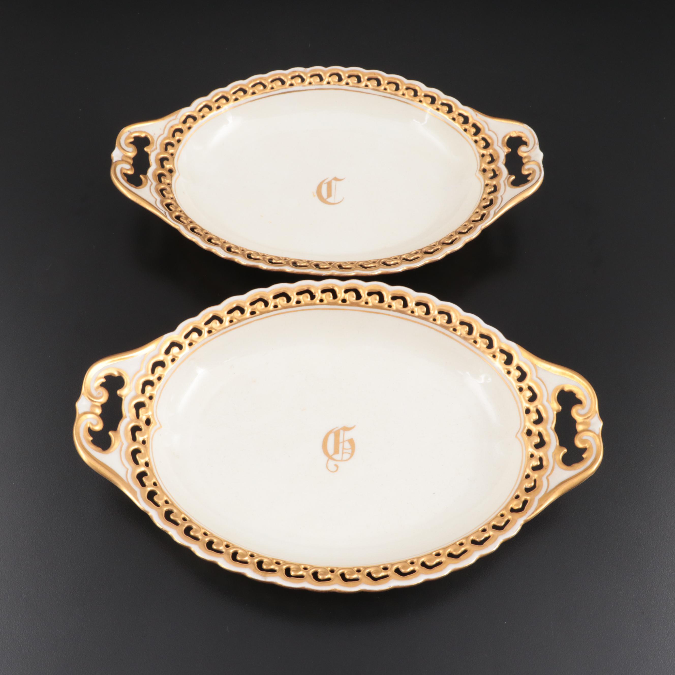Hobbyist Gilt Painted Porcelain Handled Oval Dishes, Early 20th Century
