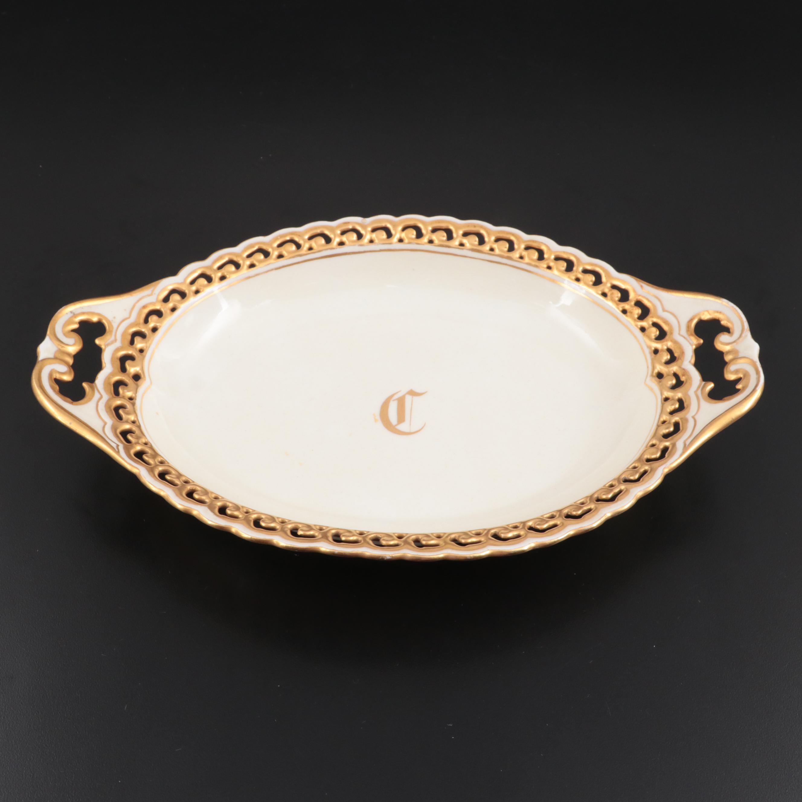 Hobbyist Gilt Painted Porcelain Handled Oval Dishes, Early 20th Century