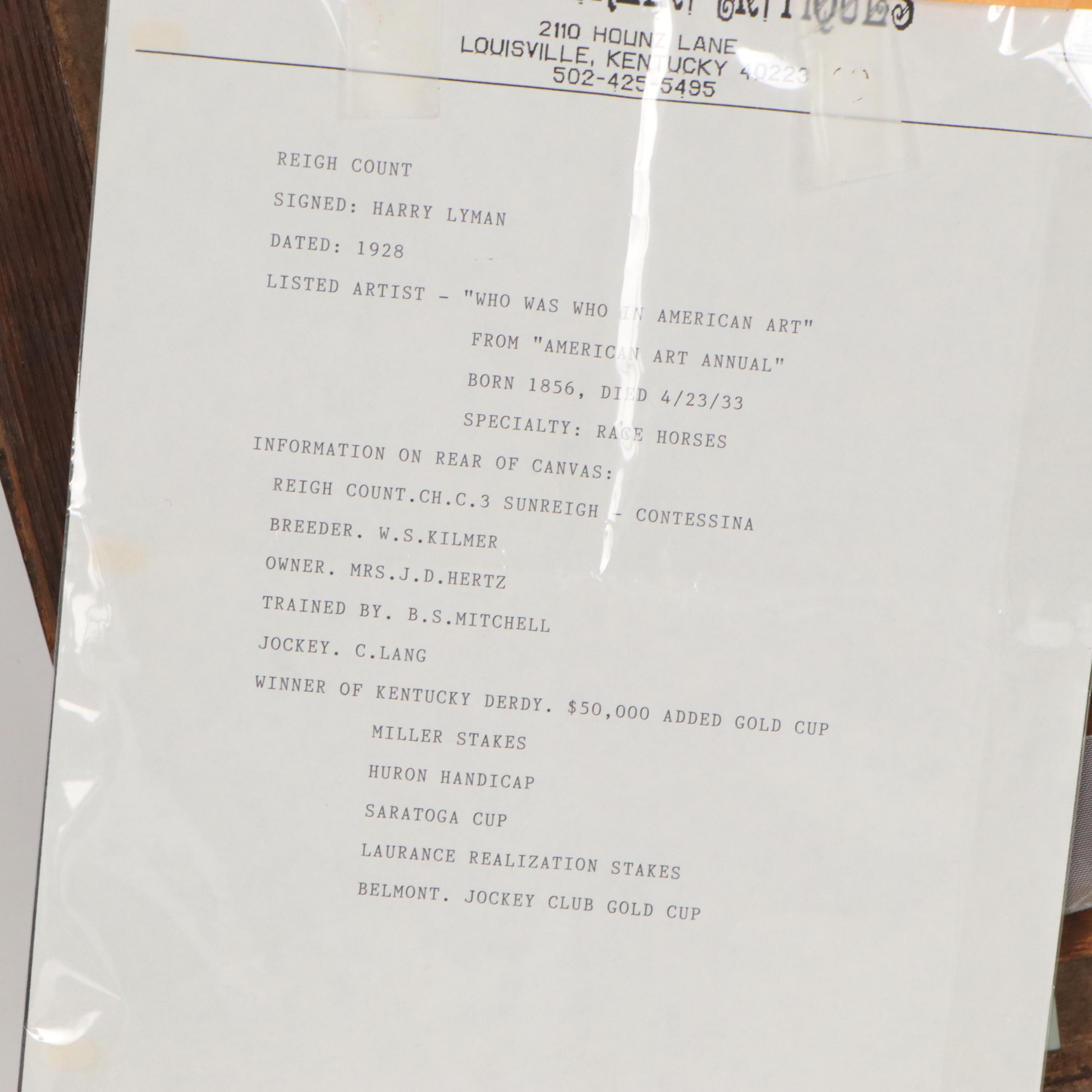 Harry Lyman Oil Painting "Reigh Count," 1928