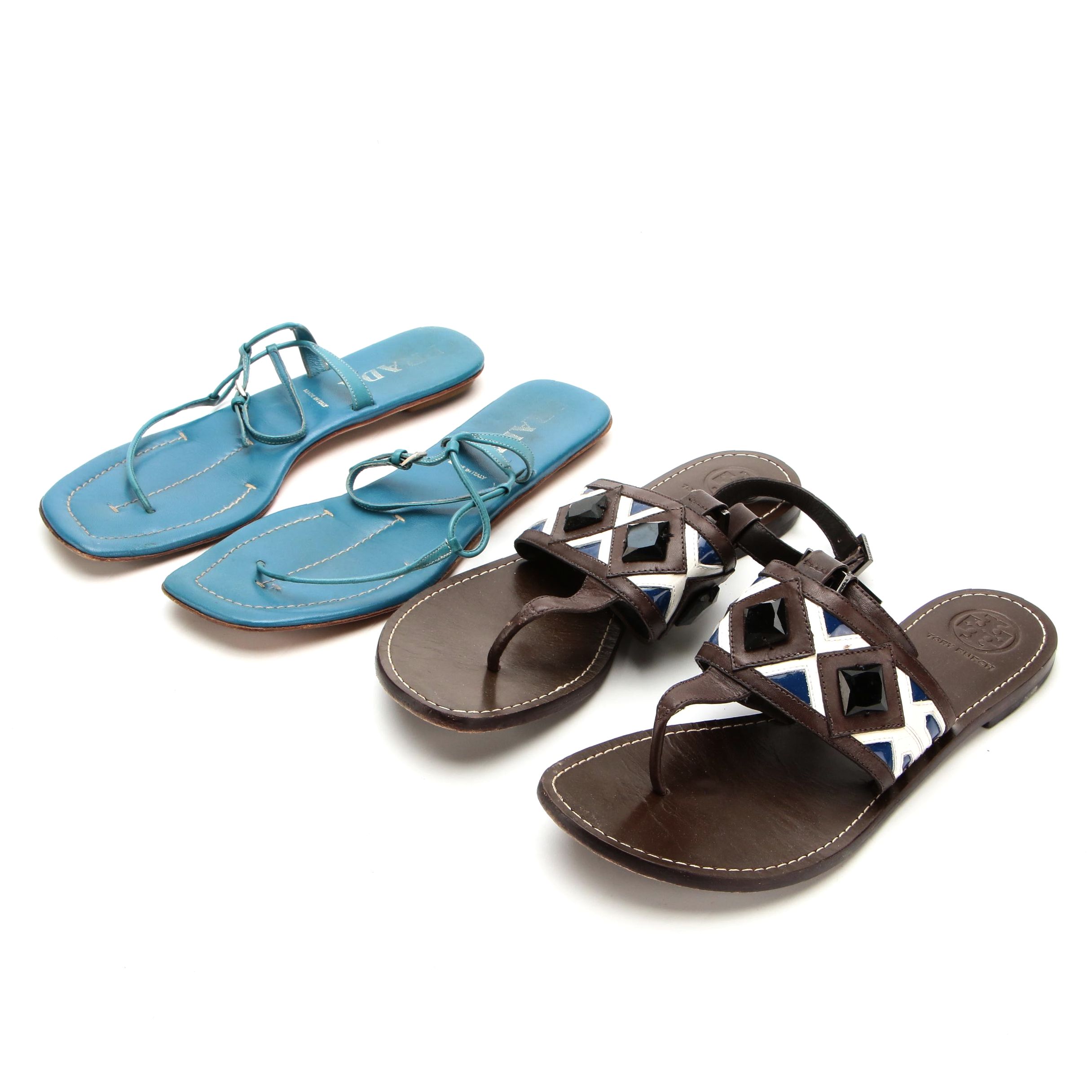 Prada and Tory Burch Leather T-Strap Sandals