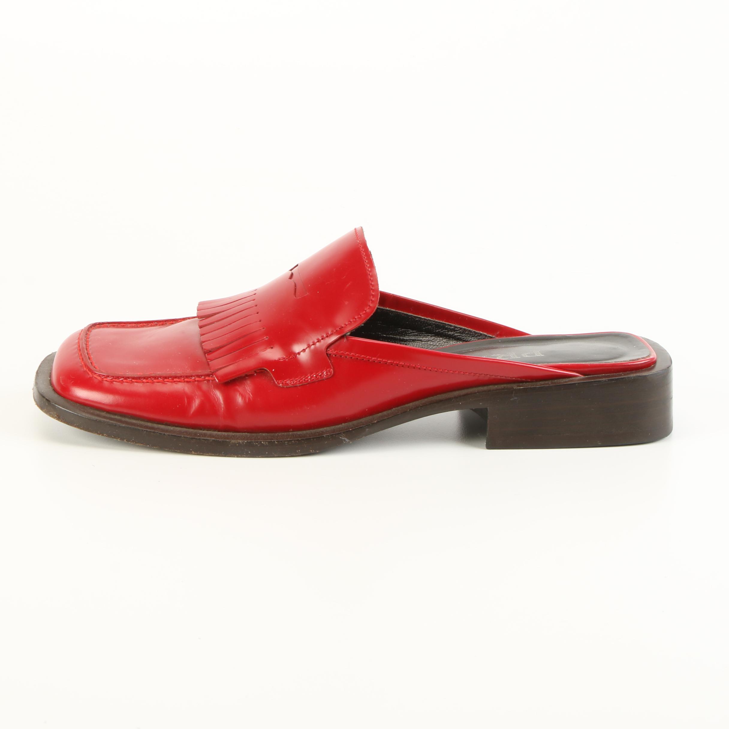 Prada Kiltie Vamp Square Toe Mules in Polished Red Leather