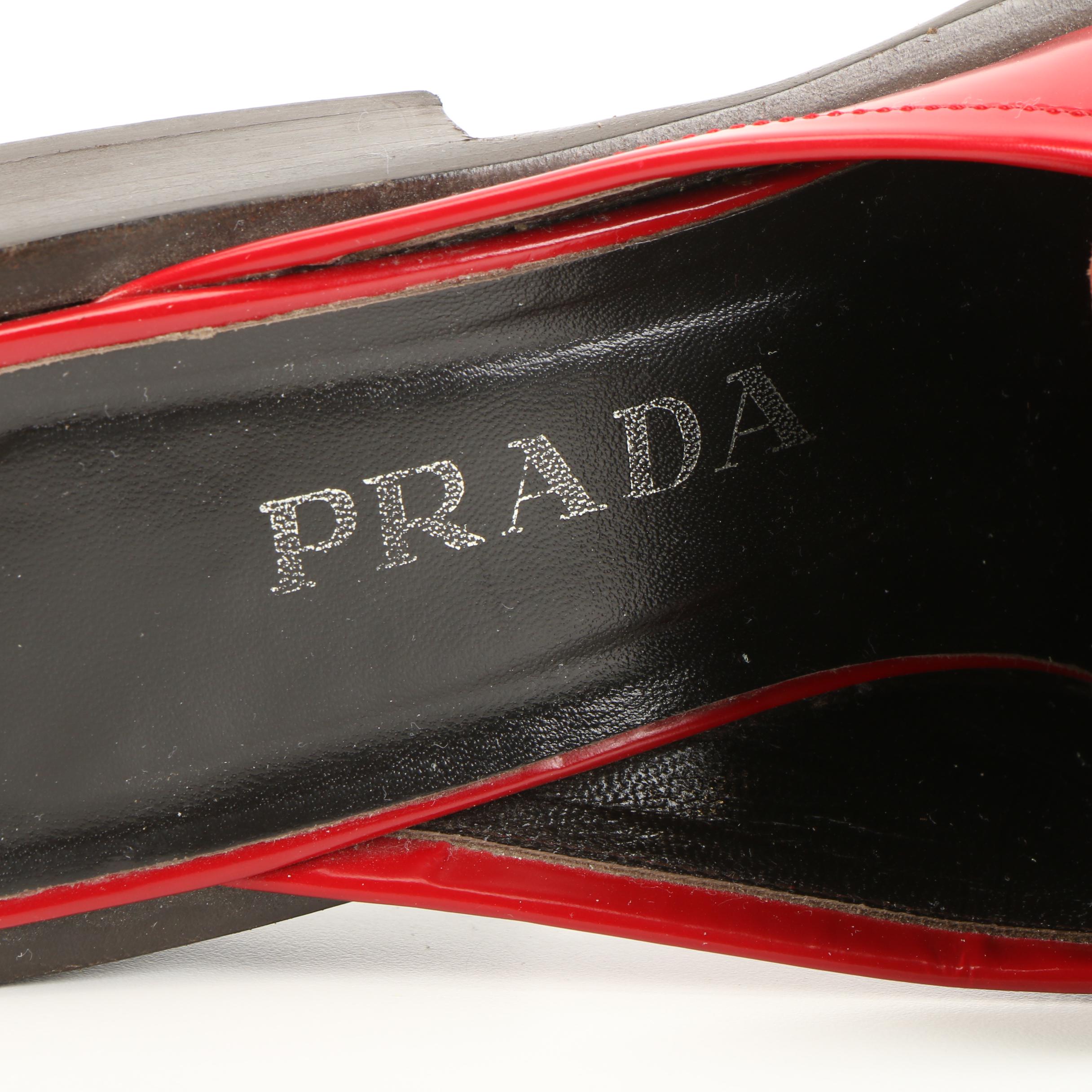 Prada Kiltie Vamp Square Toe Mules in Polished Red Leather