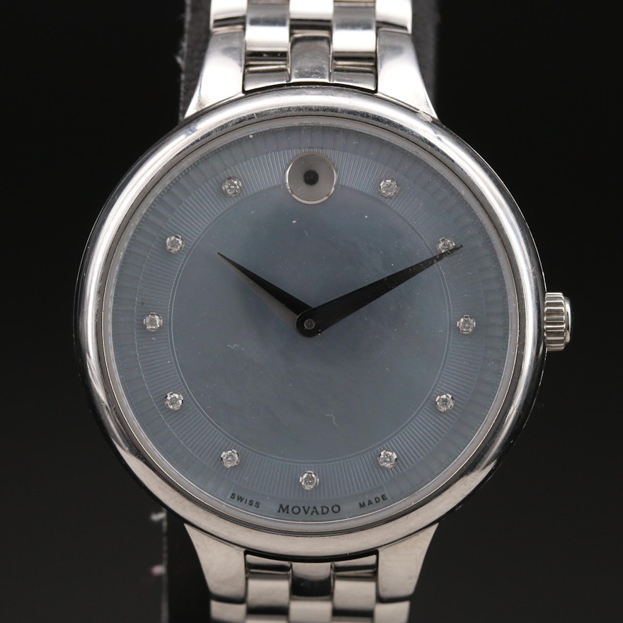 Stainless Steel Movado Mother of Pearl Diamond Dial Wristwatch