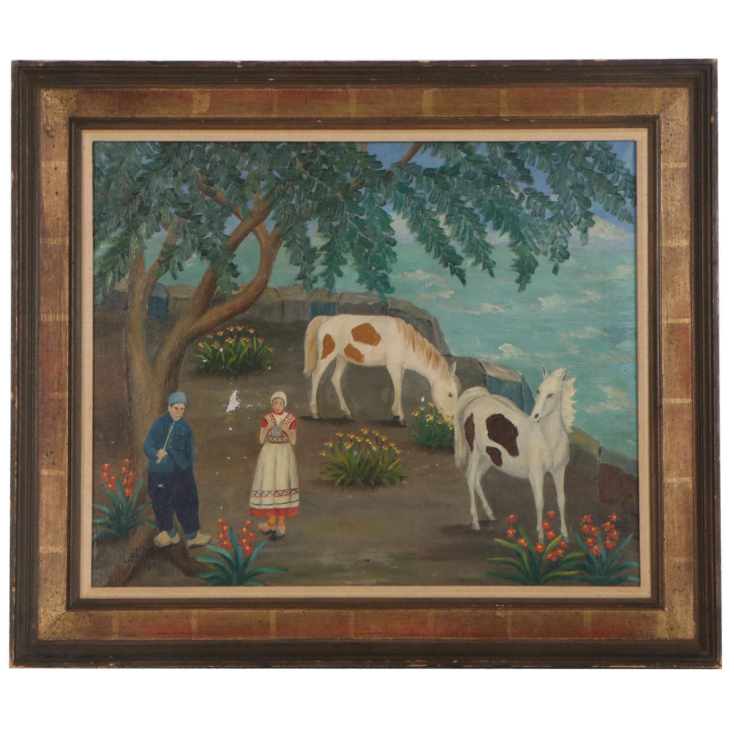 Lawrence Lebduska Folk Scene Oil Painting, 1937