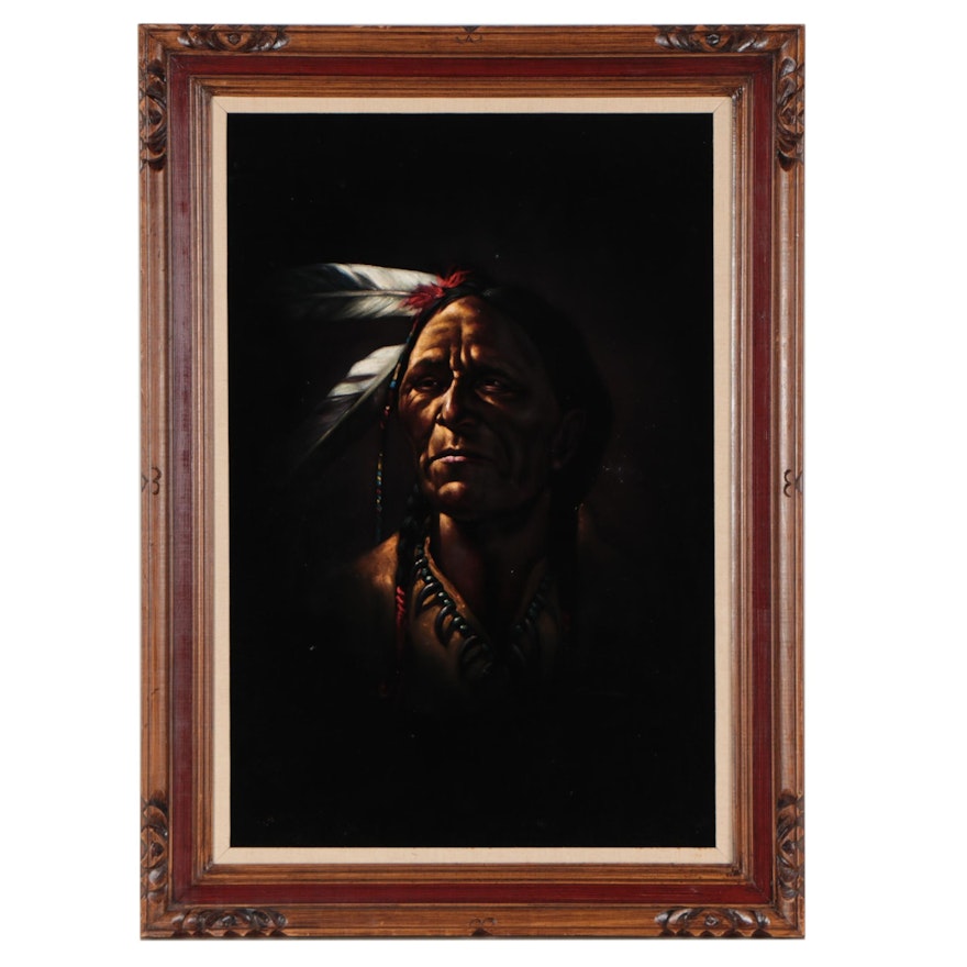 Oil Portrait on Velvet of Native American, Late 20th Century