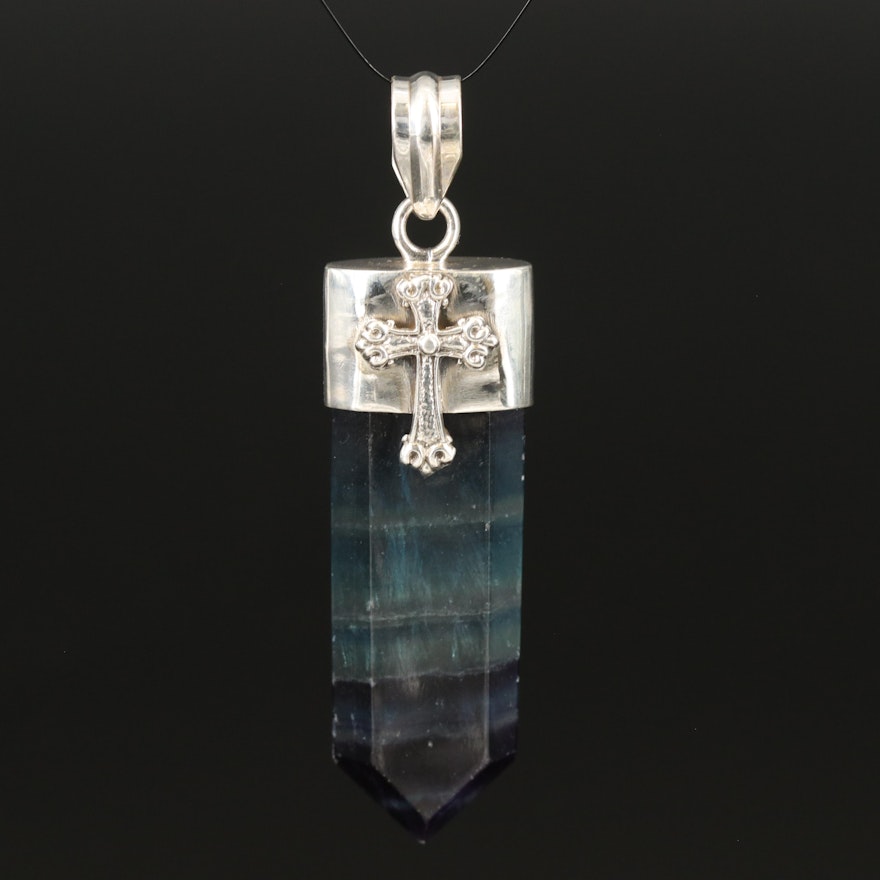 Sterling Agate Pendant with Cross Accent