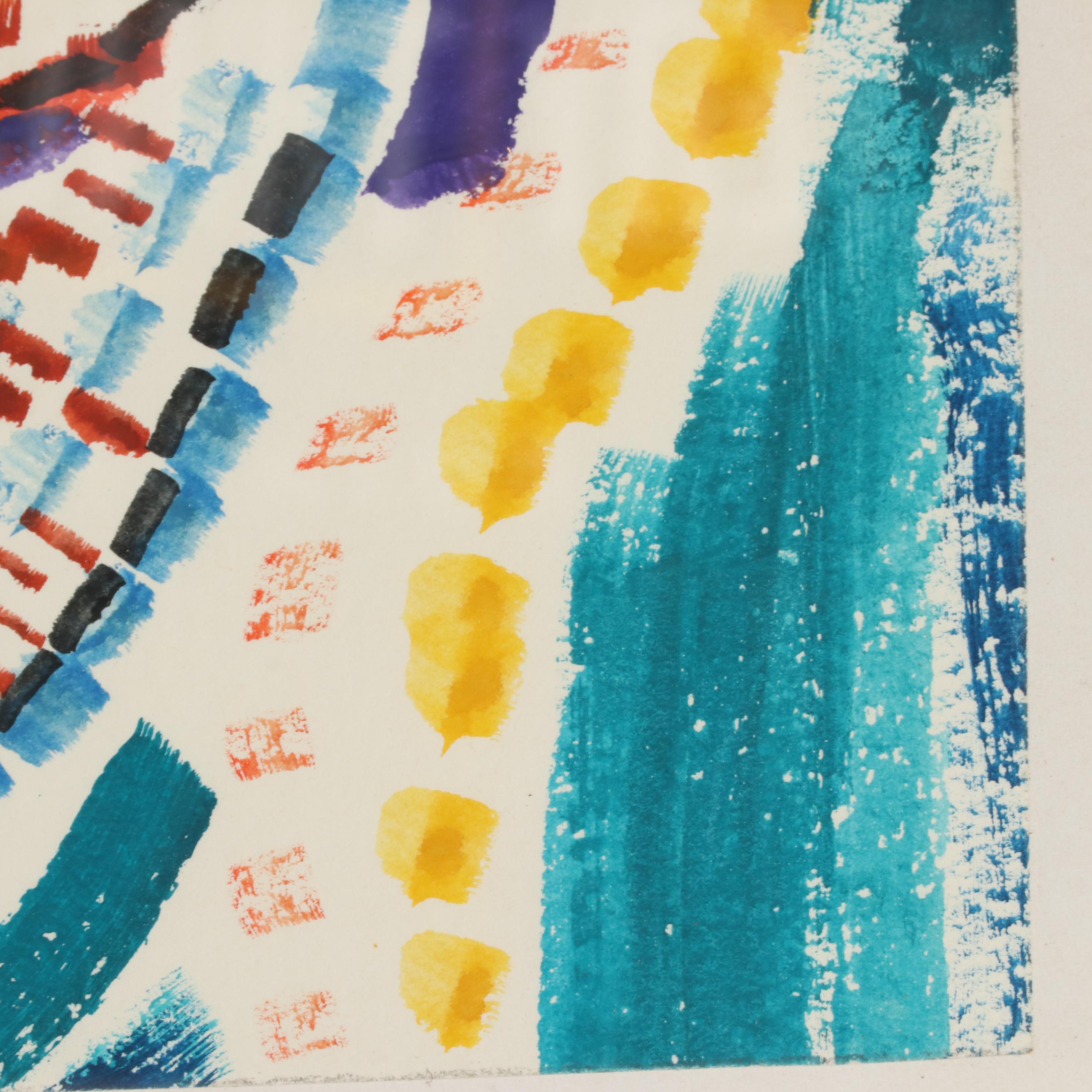 Phyllis Trager Hyman Abstract Figural Watercolor Painting, 1980