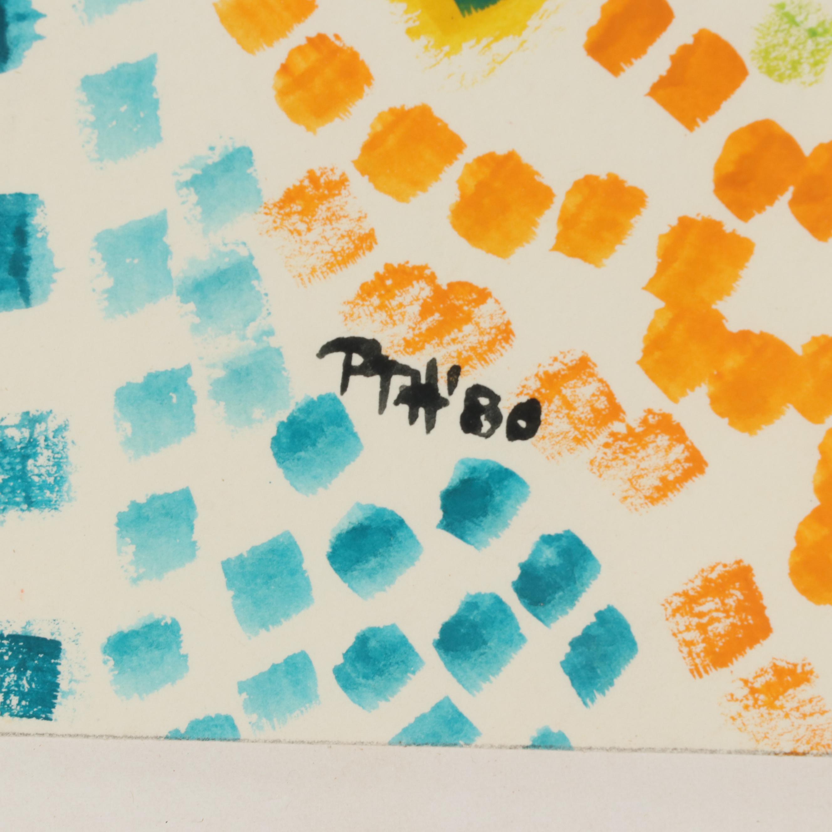 Phyllis Trager Hyman Abstract Figural Watercolor Painting, 1980