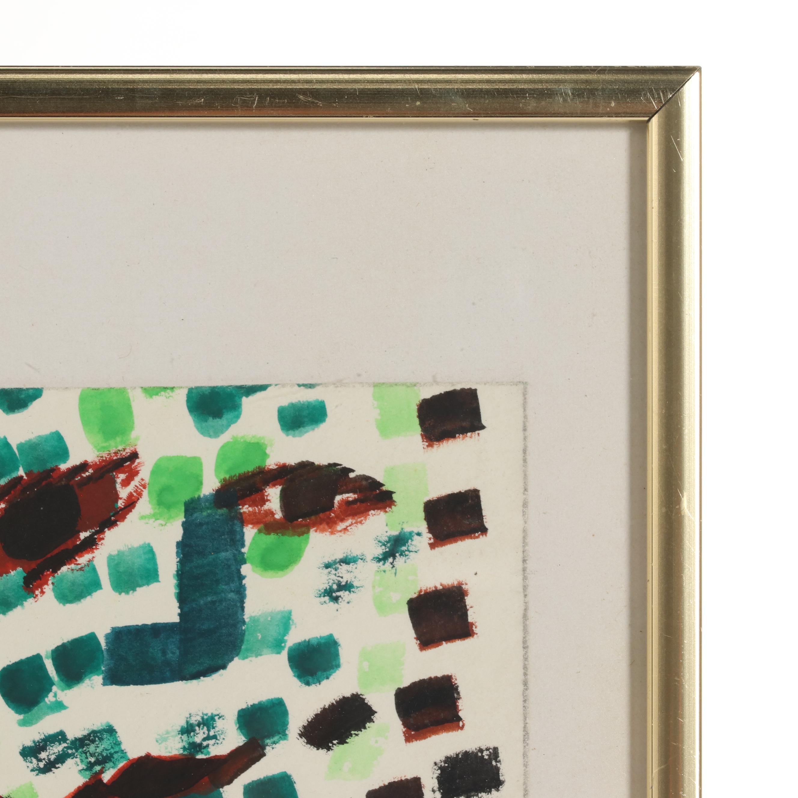 Phyllis Trager Hyman Abstract Figural Watercolor Painting, 1980