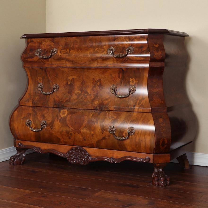 Italian Baroque Style Olivewood, Burl Wood and Marquetry Bombé Chest