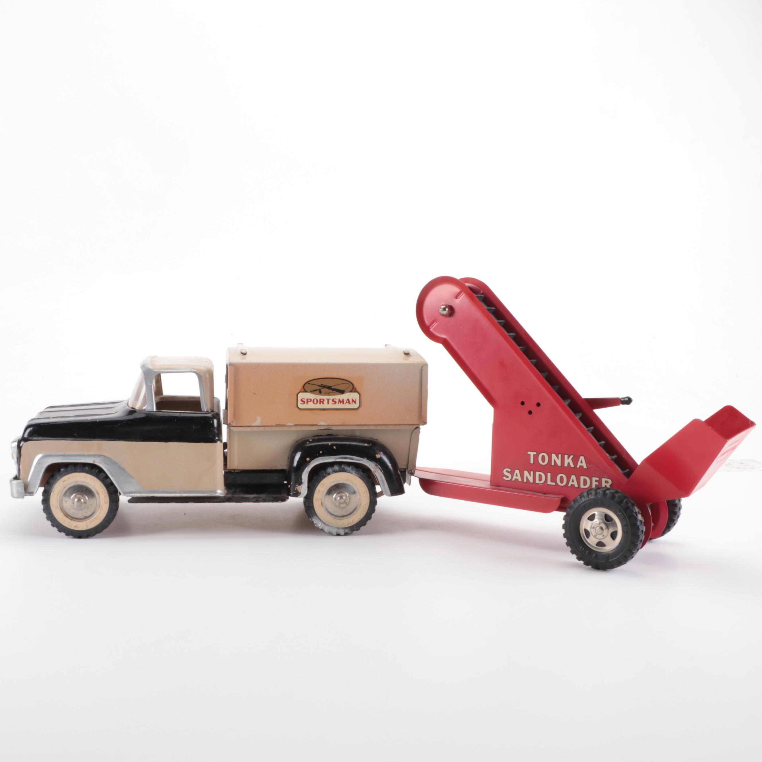 Tonka Fisherman and Sportsman Pickup Trucks with Toppers and Sandloader, 1960s