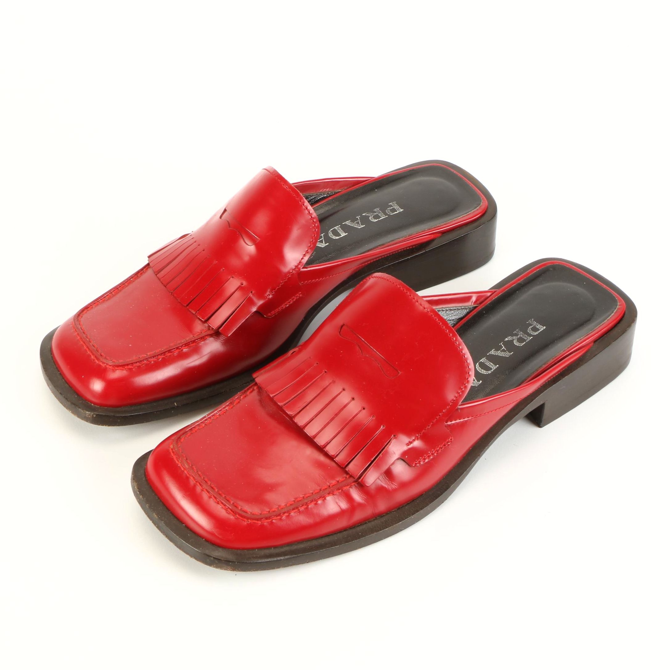 Prada Kiltie Vamp Square Toe Mules in Polished Red Leather