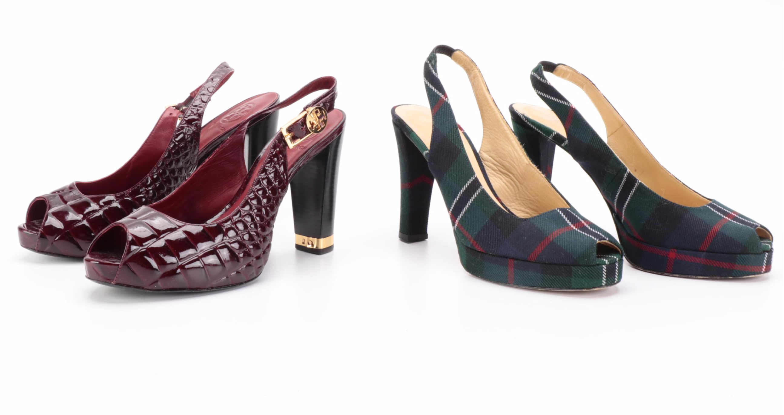 Tory Burch Embossed Leather and Bettye Muller Plaid Textile Peep Toe Slingbacks