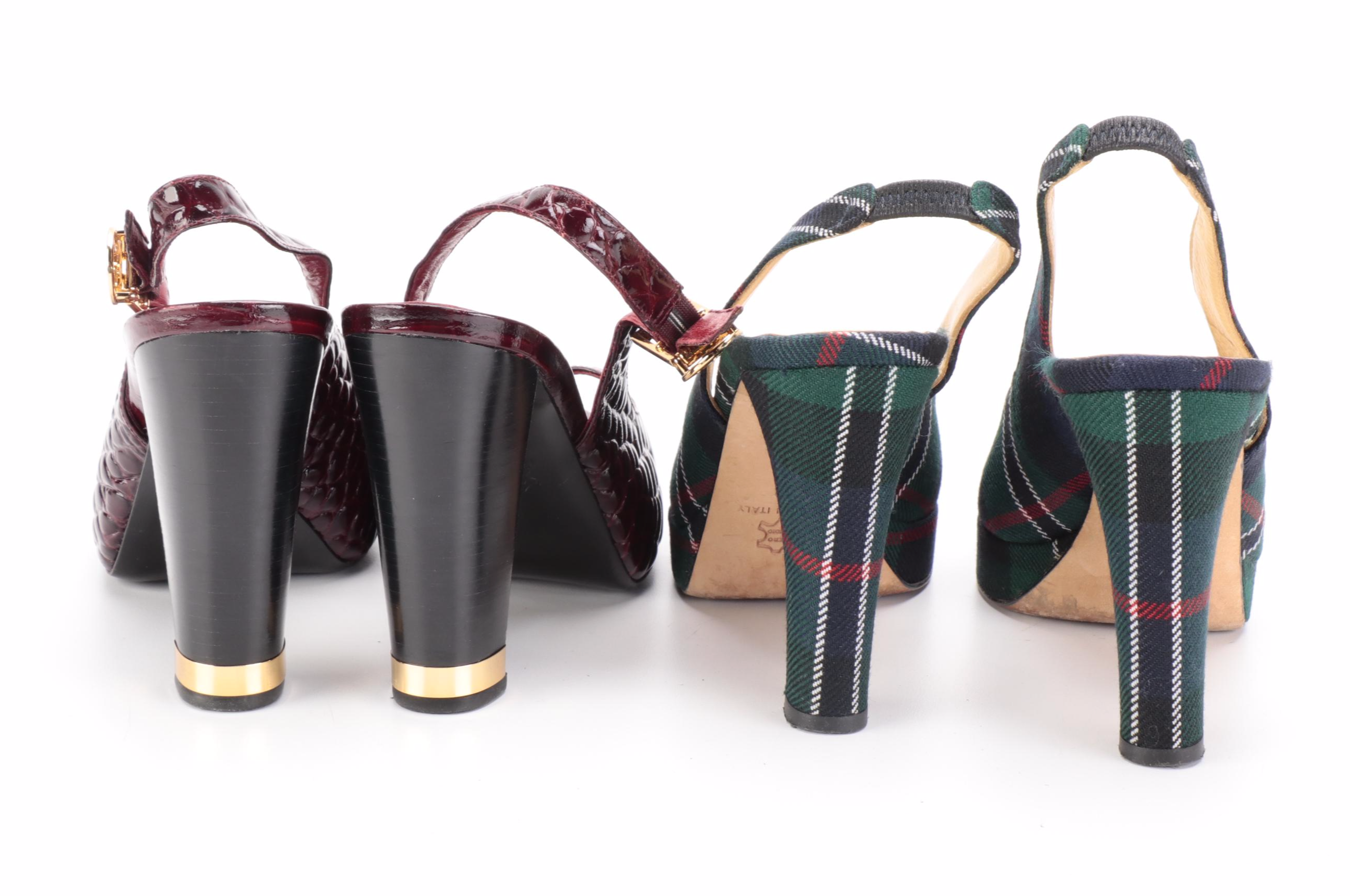 Tory Burch Embossed Leather and Bettye Muller Plaid Textile Peep Toe Slingbacks