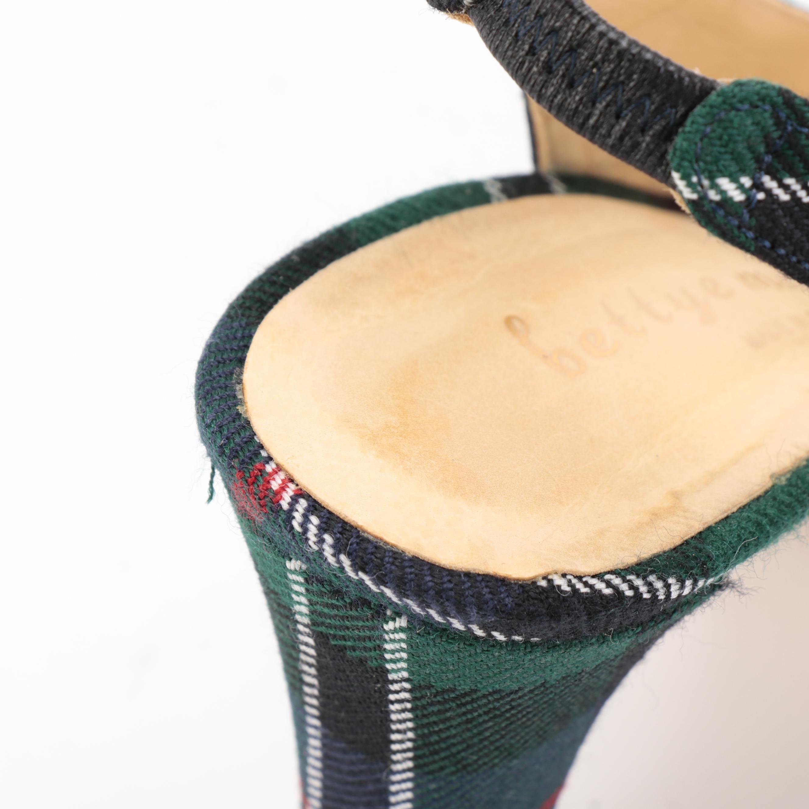 Tory Burch Embossed Leather and Bettye Muller Plaid Textile Peep Toe Slingbacks