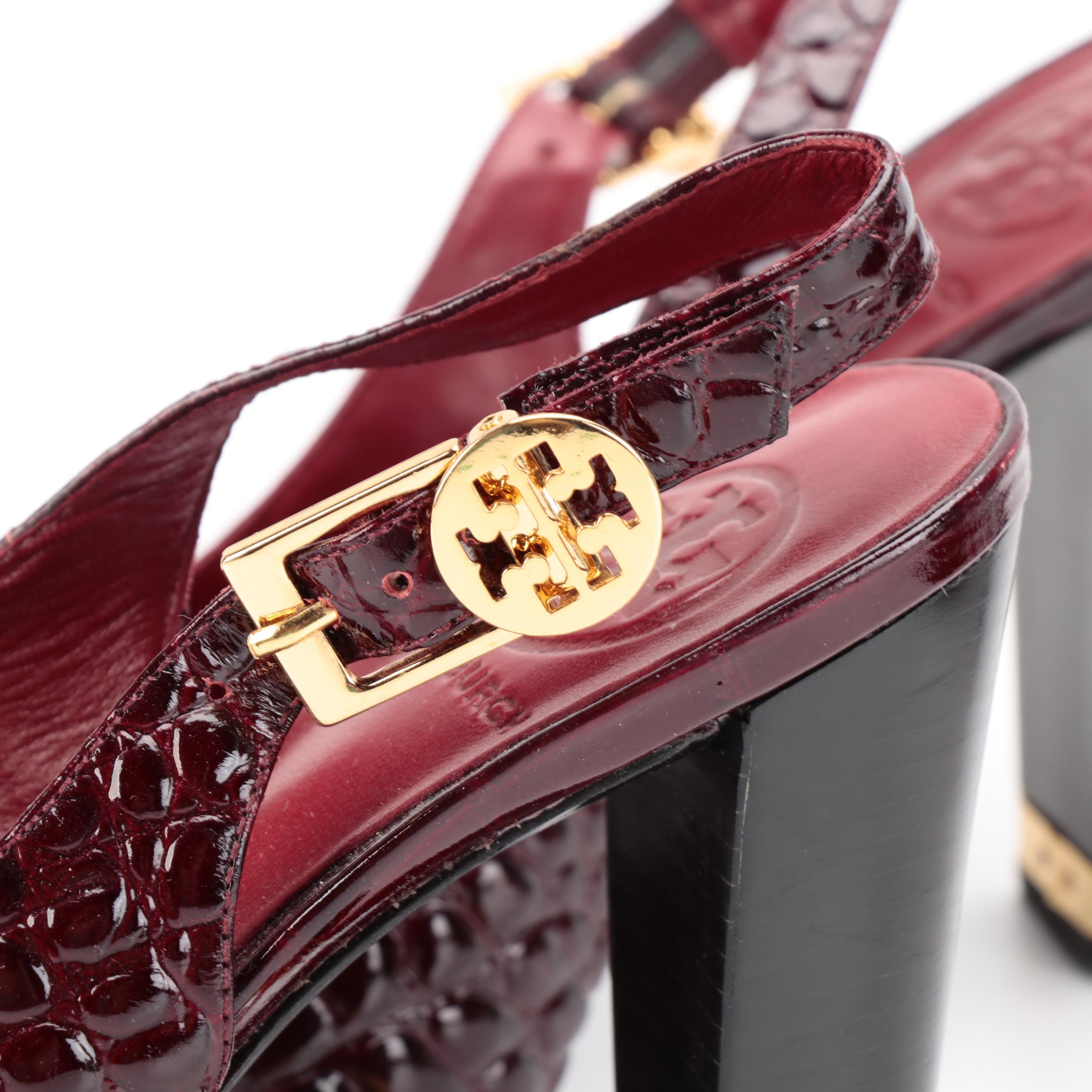 Tory Burch Embossed Leather and Bettye Muller Plaid Textile Peep Toe Slingbacks