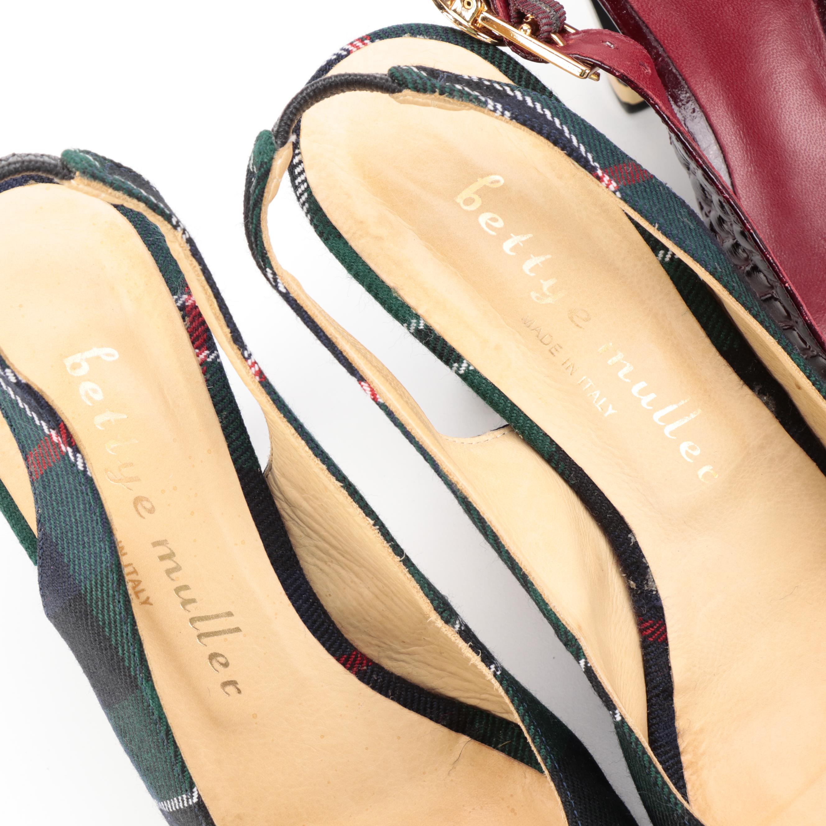 Tory Burch Embossed Leather and Bettye Muller Plaid Textile Peep Toe Slingbacks