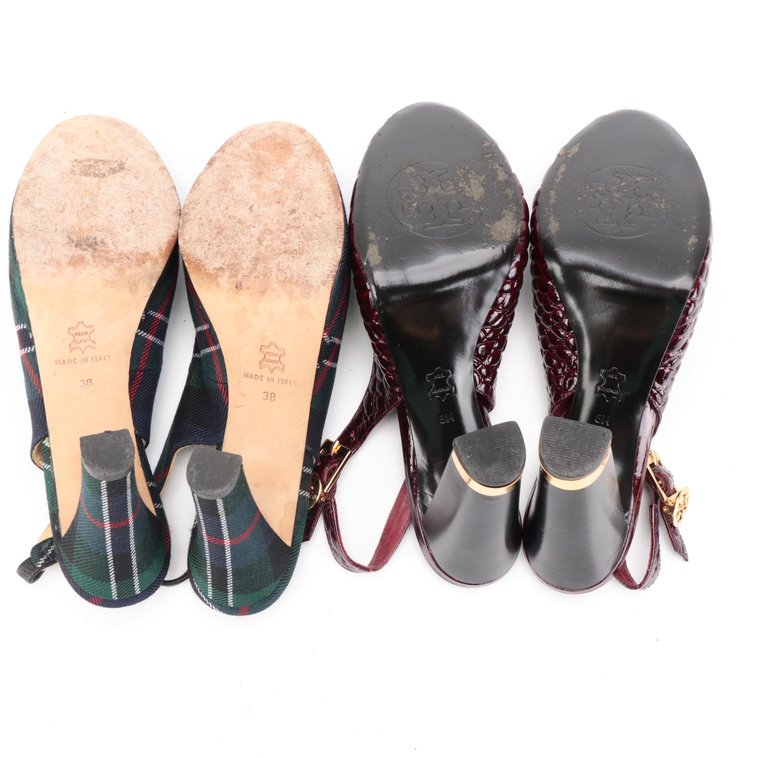 Tory Burch Embossed Leather and Bettye Muller Plaid Textile Peep Toe Slingbacks