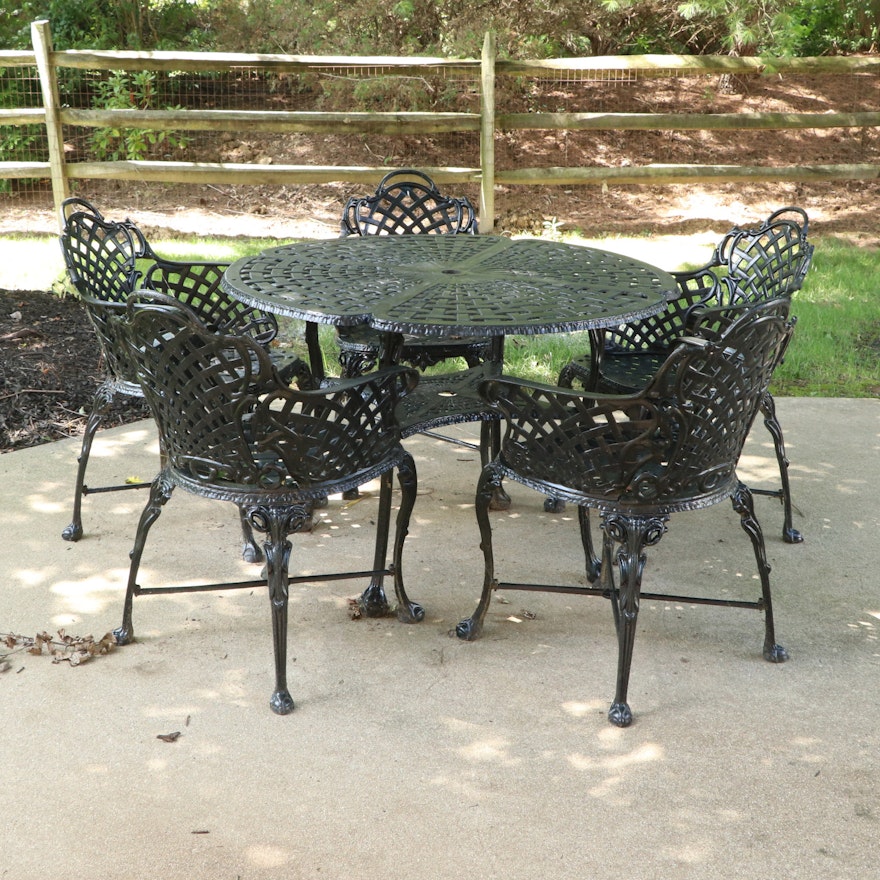 Black Painted Cast Iron Patio Table and Five Armchairs