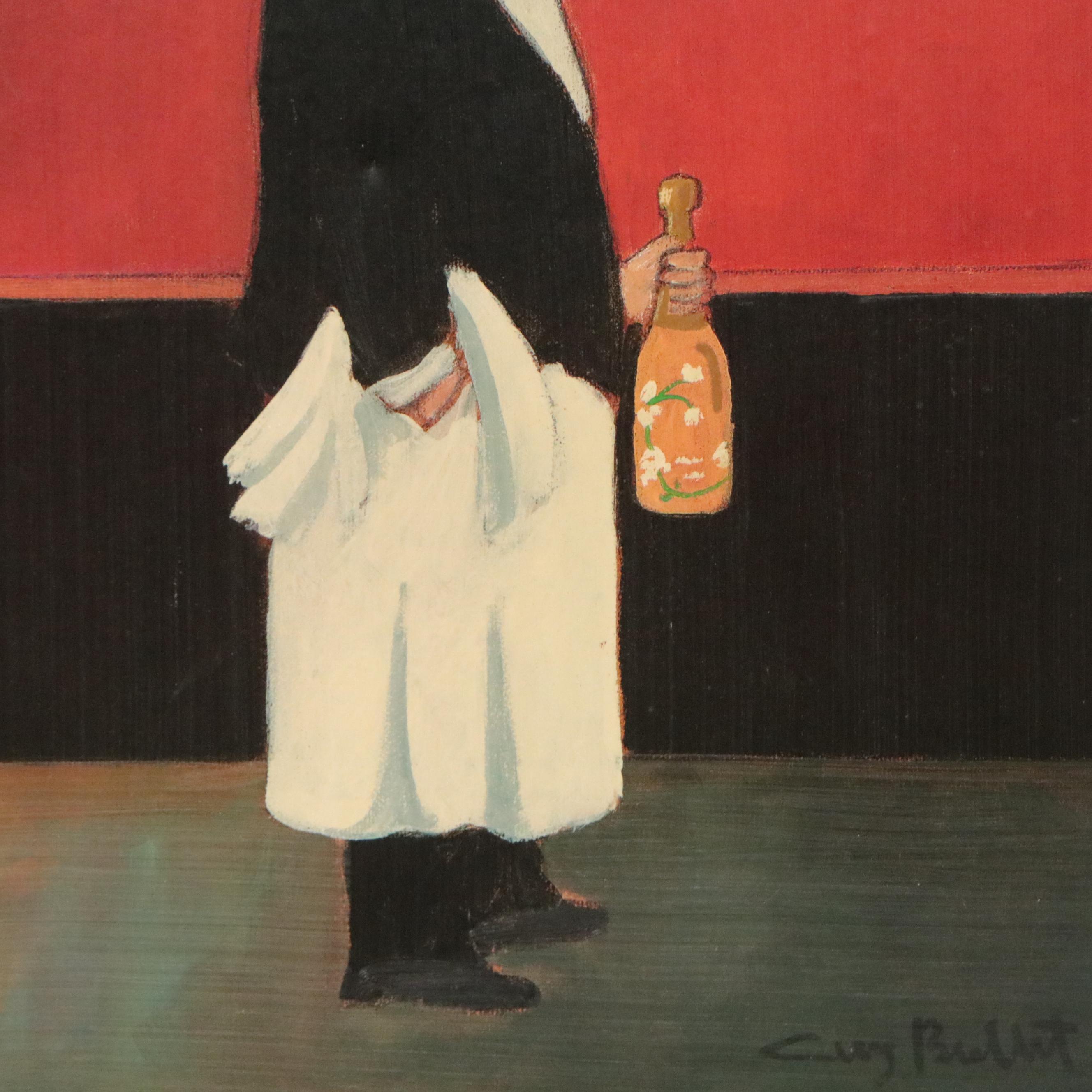 Guy Buffet Oil Painting of Waiter with Wine, Late 20th Century