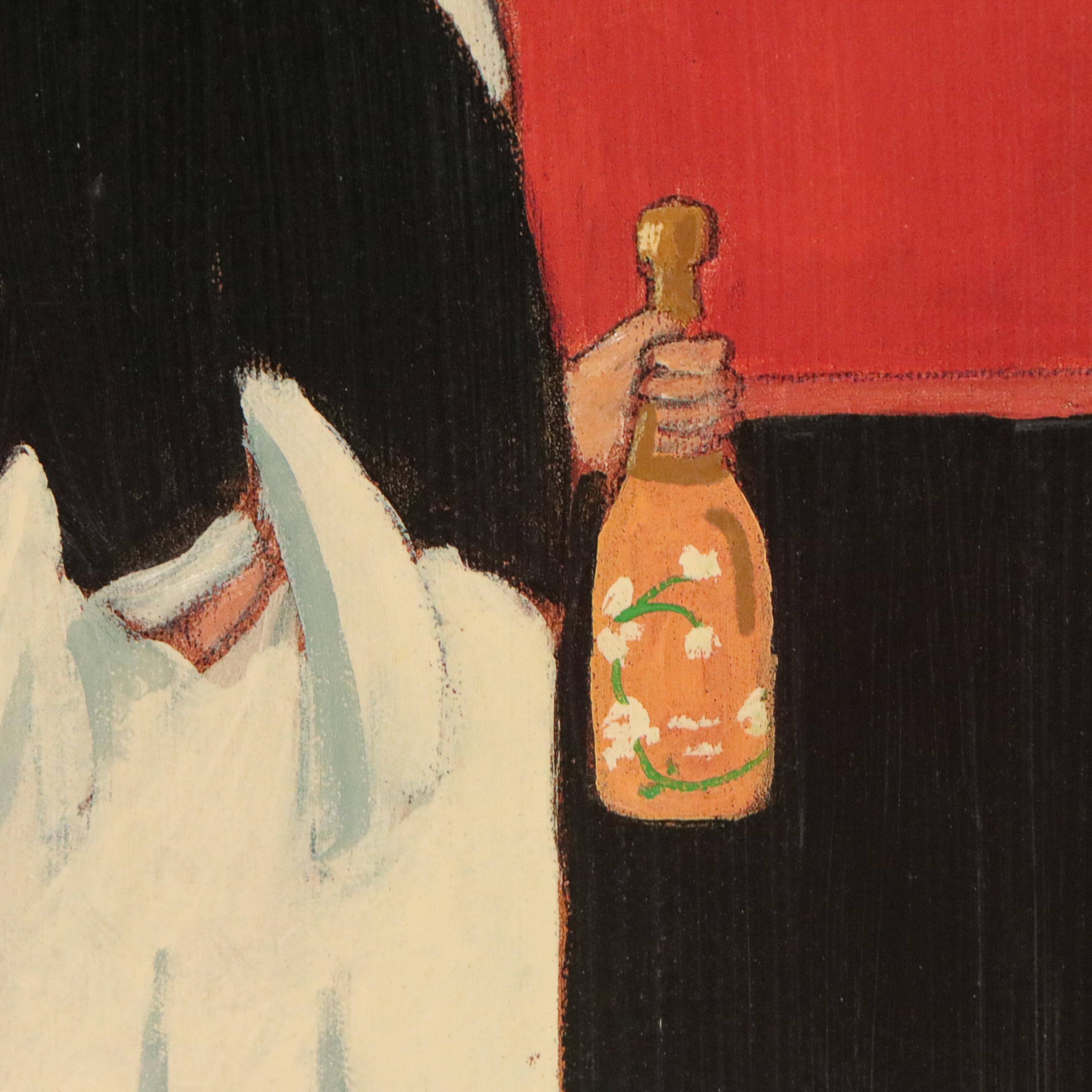 Guy Buffet Oil Painting of Waiter with Wine, Late 20th Century