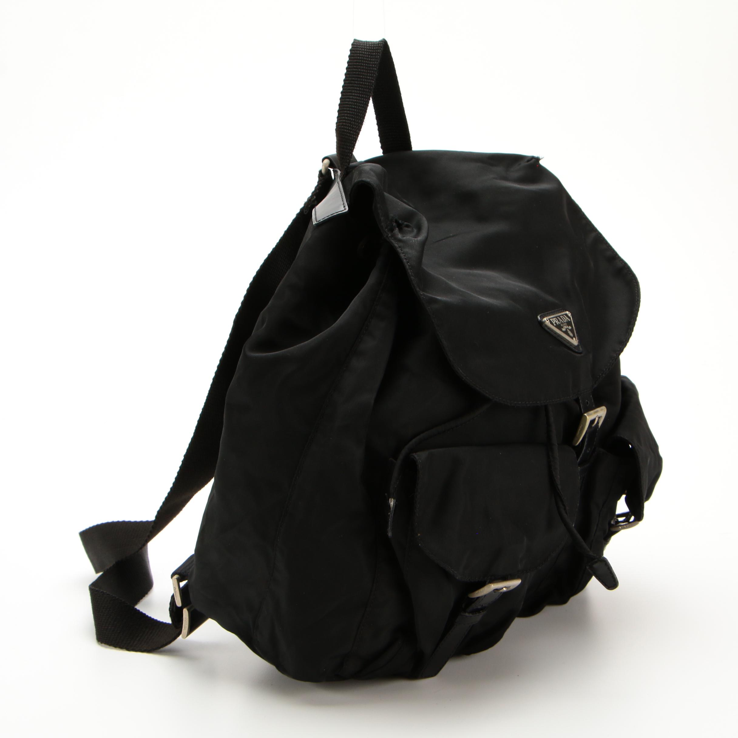 Prada Medium Black Tessuto Nylon Backpack with Leather Trim